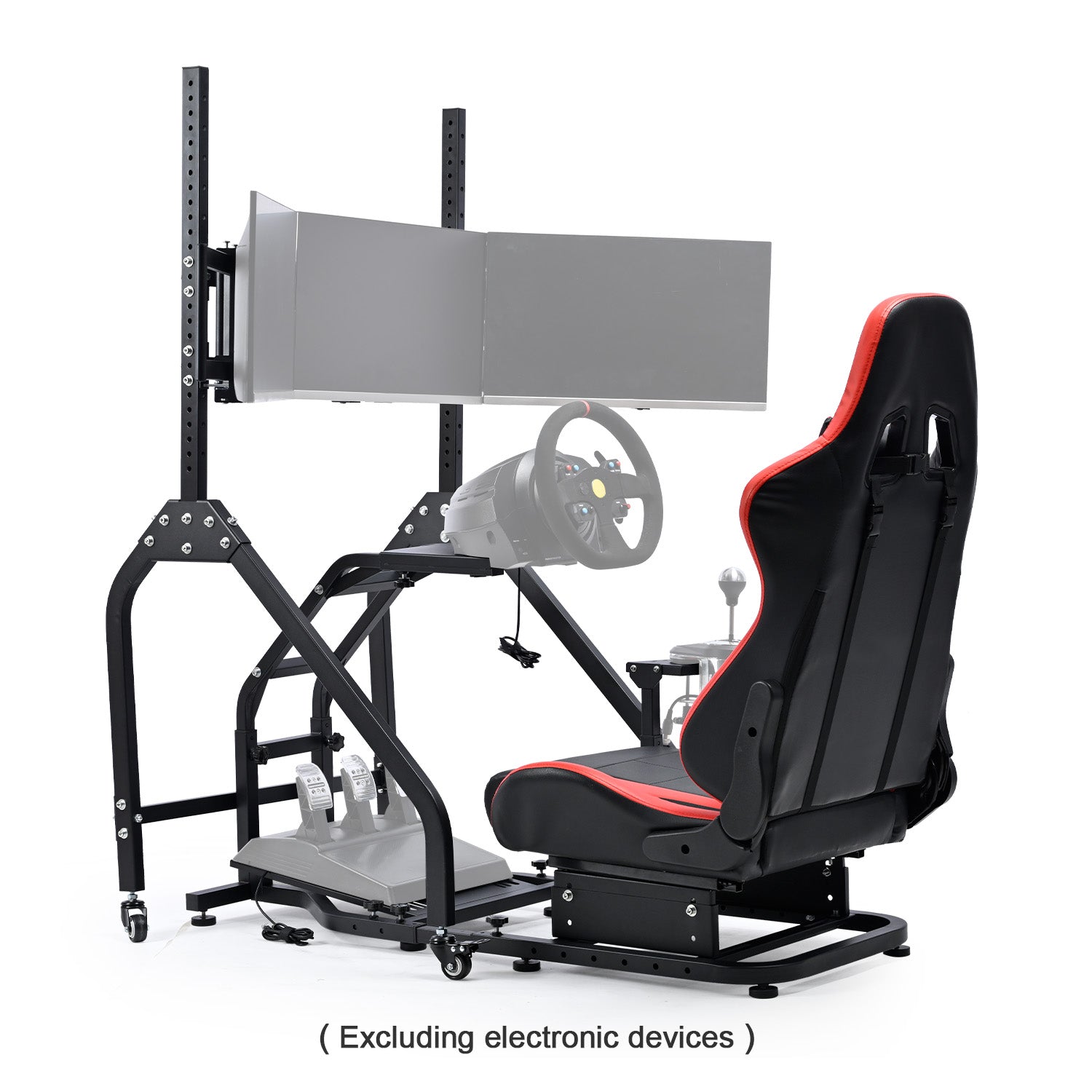 Minneer Steering Wheel Stand Racing Cockpit with Red Seat Triple Monitor stand ,Unobstructed Design for Both Legs,Fit for Logitech/Thrustmaster G29,G920,G923,G25&T300RS,T80,T150 Adjustable, No Steering Wheel, Handbra