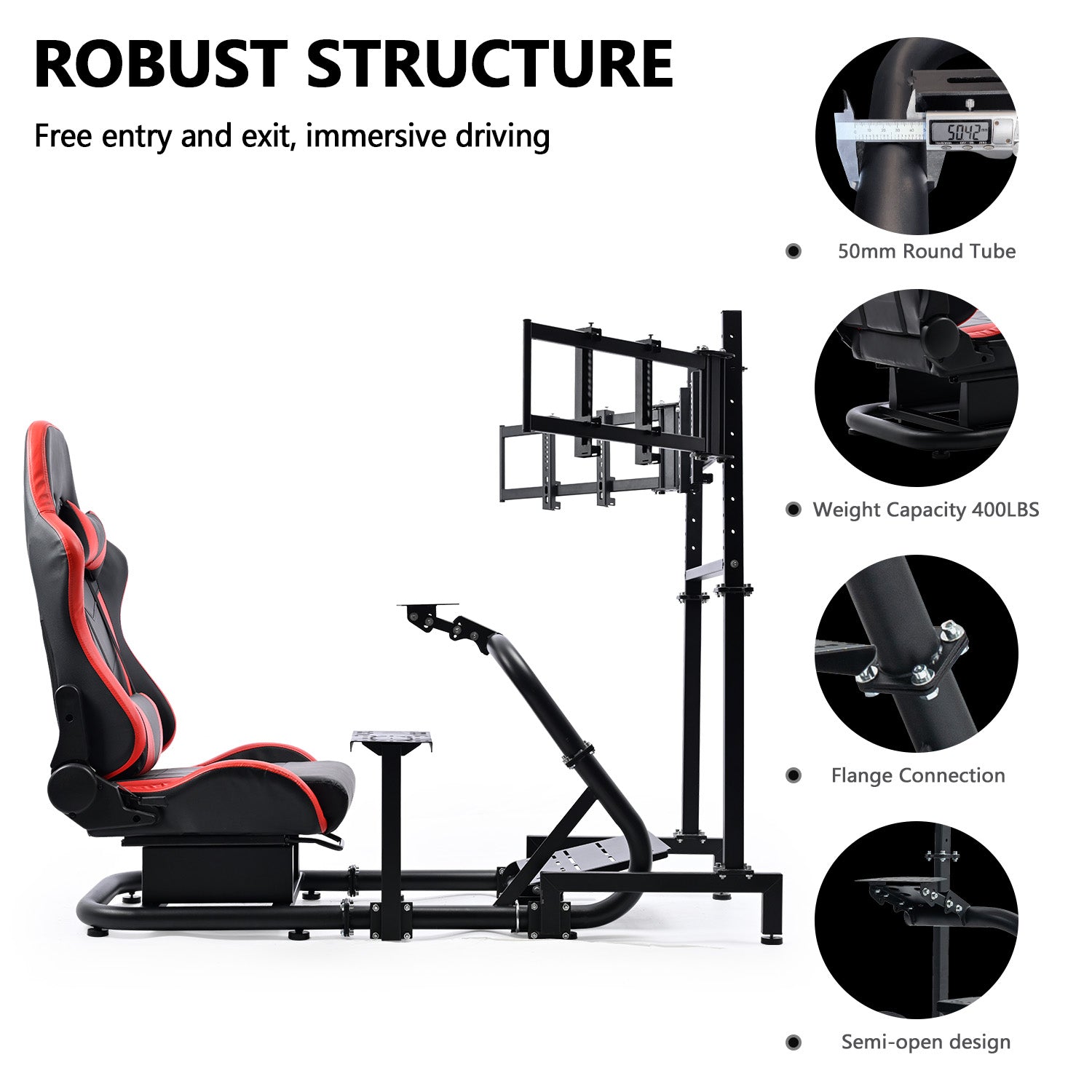 Minneer Racing Sim Cockpit with Red Seat and Triple Monitor Stand, Wide Compatibility, Fit for Logitech G29 G923, for Thrustmaster T248, Not Include Steering Wheel,Pedals,Handbrake