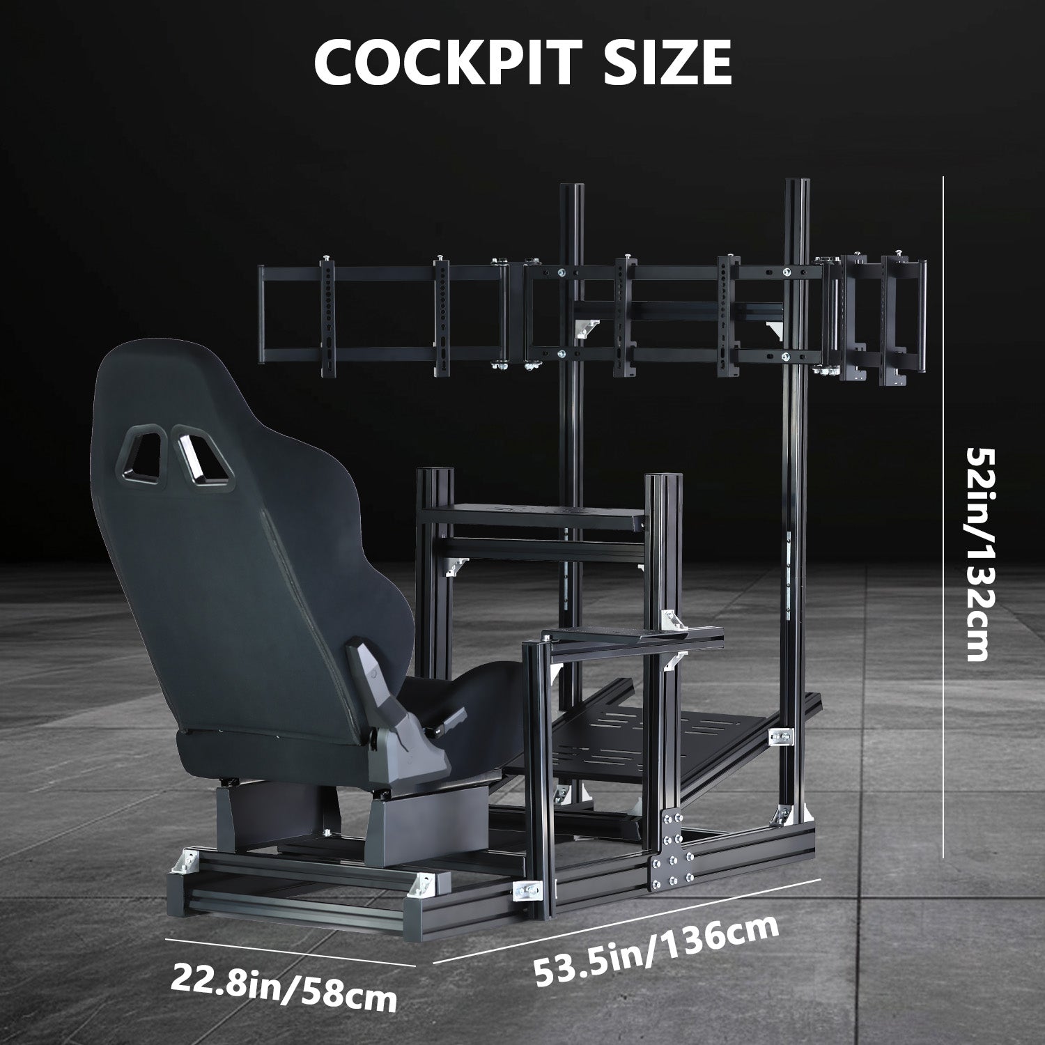 Minnee 4080 Aluminum Racing Simulator Cockpit with Black Seat and Triple Monitor stand, Fully Adjustability, Fit for Logitech, Thrustmaster, Fanatec G29 G920 T300, Not Include Steering Wheel,Pedals,Handbrake,Monitor