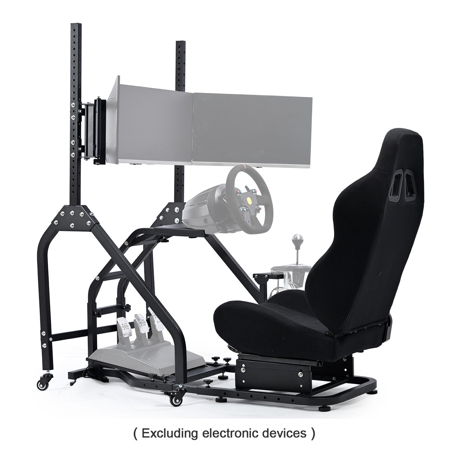 Minneer Steering Wheel Stand Racing Cockpit with Black Seat Triple Monitor stand ,Unobstructed Design for Both Legs,Fit for Logitech/Thrustmaster G29,G920,T300RS,T80, Adjustable, No Steering Wheel, Handbra