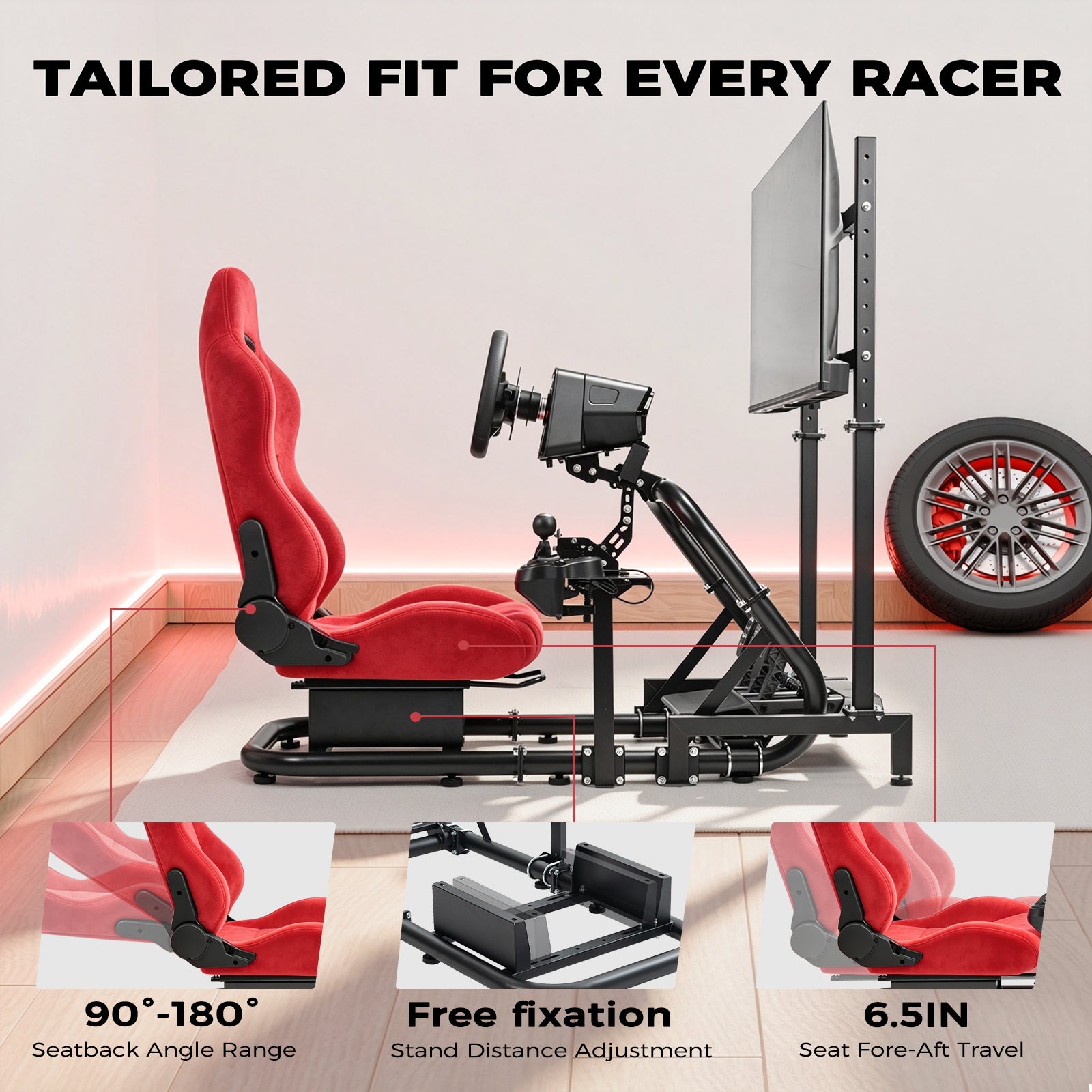 Minneer Racing Steering Wheel Stand with Red Suede Seat and Monitor Stand, Fit for Logitech G29 G920, for Thrustmaster T248, for Fanatec, Gaming Simulator Cockpit, Not Include Wheel, Pedal and Handbrake