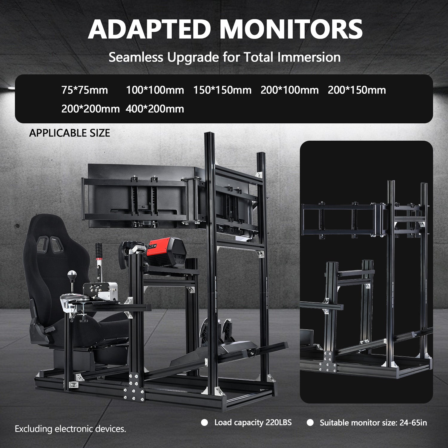 Minnee 4080 Aluminum Racing Simulator Cockpit with Black Seat and Triple Monitor stand, Fully Adjustability, Fit for Logitech, Thrustmaster, Fanatec G29 G920 T300, Not Include Steering Wheel,Pedals,Handbrake,Monitor