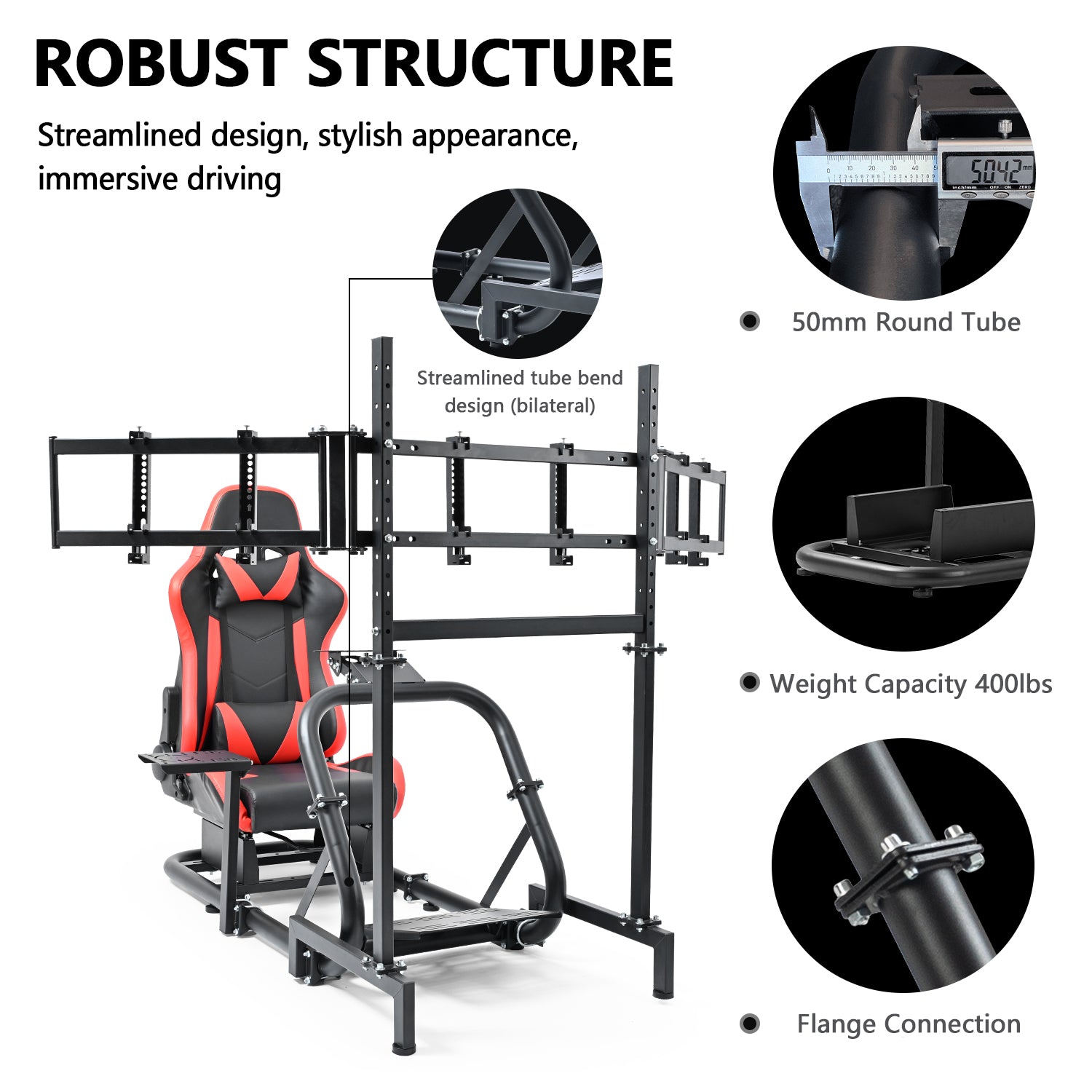 Minneer Racing Simulator Cockpit with Triple Monitor Stand and Red Seat Fit for Logitech/Thrustmaster/Fanatec T500RS TX G29 G920 G923 CSL-DD, Excludes steering wheel, pedals, monitor and gear shifter