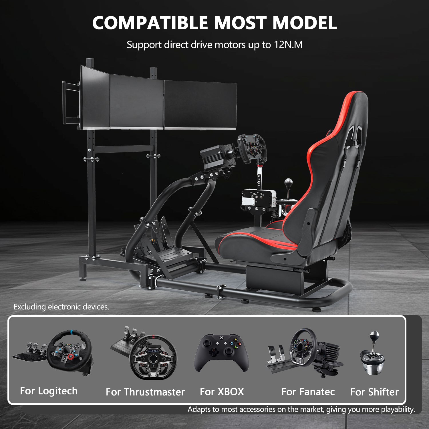 Minneer Racing Simulator Cockpit with Triple Monitor Stand and Red Seat Fit for Logitech/Thrustmaster/Fanatec T500RS TX G29 G920 G923 CSL-DD, Excludes steering wheel, pedals, monitor and gear shifter