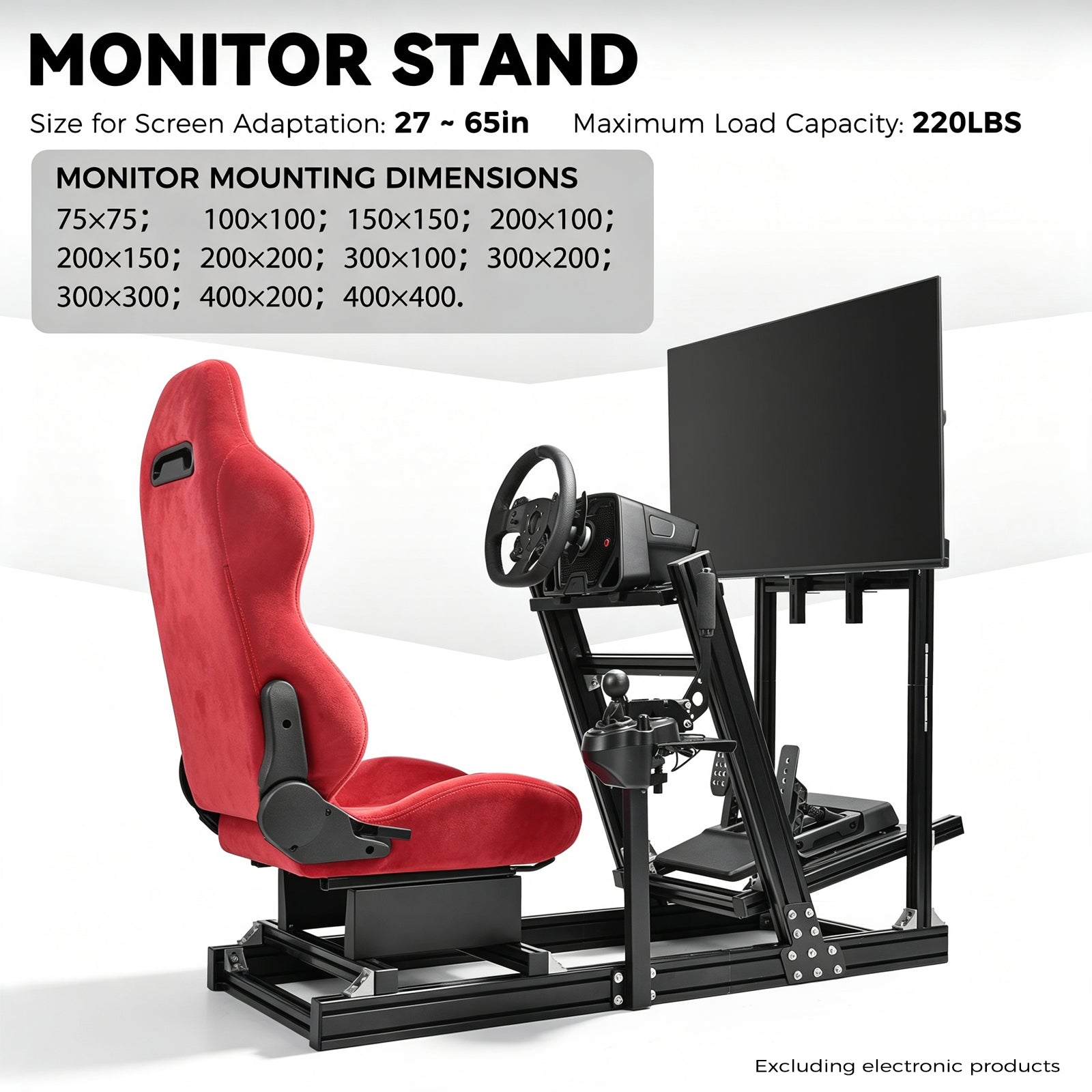 Minneer Racing Simulator Cockpit with Red Suede Seat and Monitor Stand Aviation Aluminum Alloy Fit for Logitech G29,for Thrustmaster T248,for Fanatec Racing Seats Adjustable, Wheel Pedal Handbrake Not Include