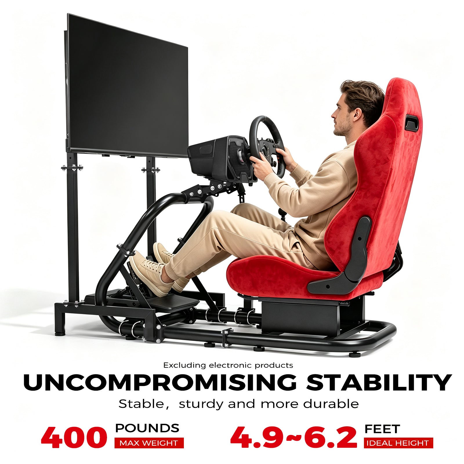 Minneer Racing Steering Wheel Stand with Red Suede Seat and Monitor Stand, Fit for Logitech G29 G920, for Thrustmaster T248, for Fanatec, Gaming Simulator Cockpit, Not Include Wheel, Pedal and Handbrake