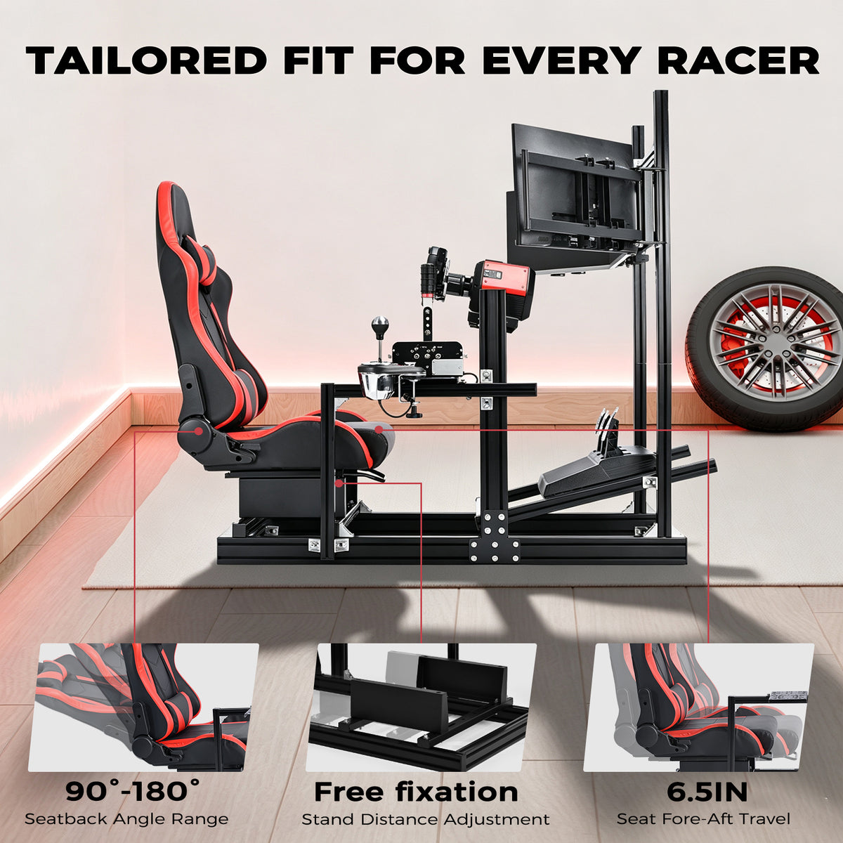 Minneer 4080 Aluminium Profile Racing Sim Cockpit with Red Seat and Triple Monitor Stand, Fully Adjustability, Fit for Logitech,Thrustmaster, Fanatec G29 G923 T248, Not Include Steering Wheel,Pedals,Handbrake
