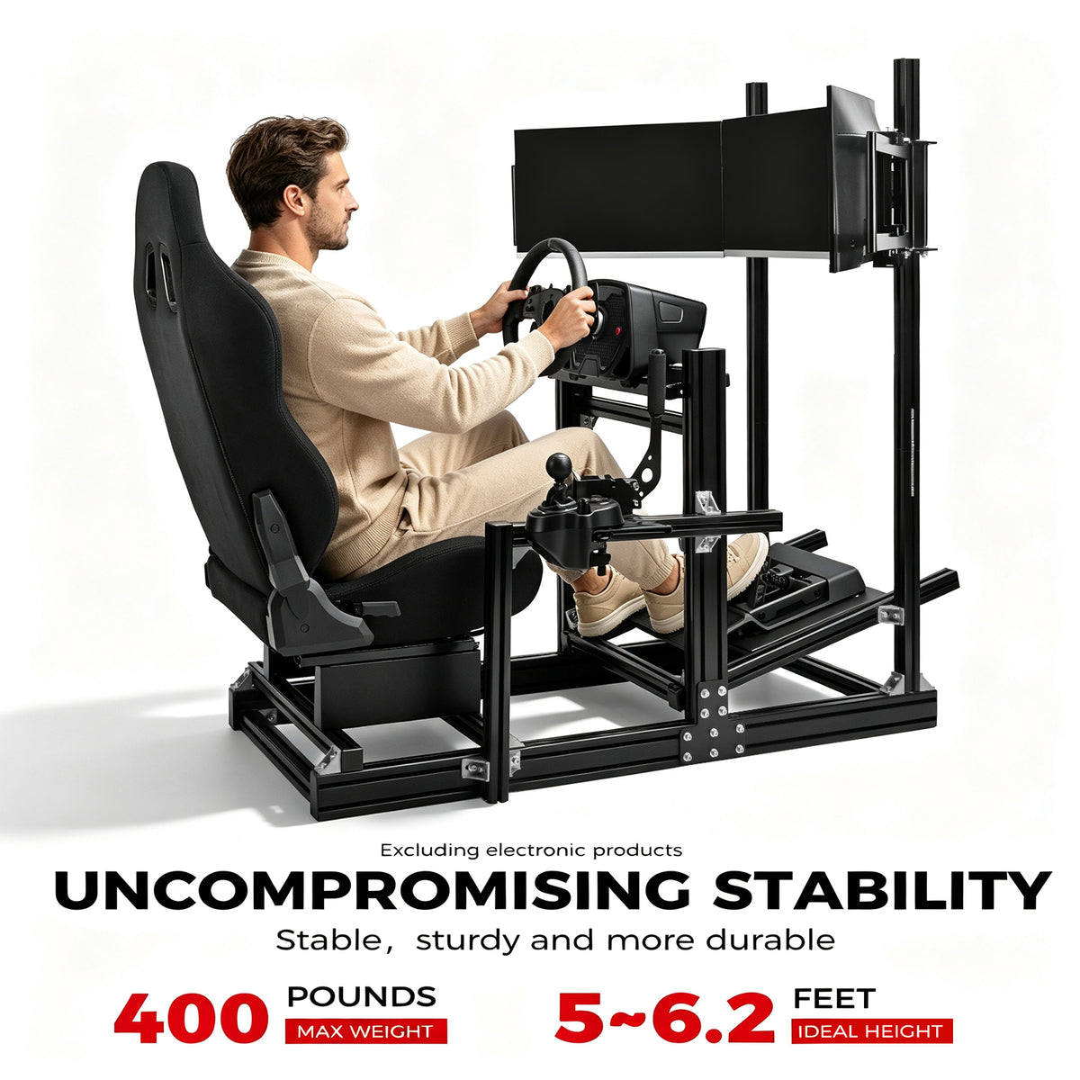 Minnee 4080 Aluminum Racing Simulator Cockpit with Black Seat and Triple Monitor stand, Fully Adjustability, Fit for Logitech, Thrustmaster, Fanatec G29 G920 T300, Not Include Steering Wheel,Pedals,Handbrake,Monitor