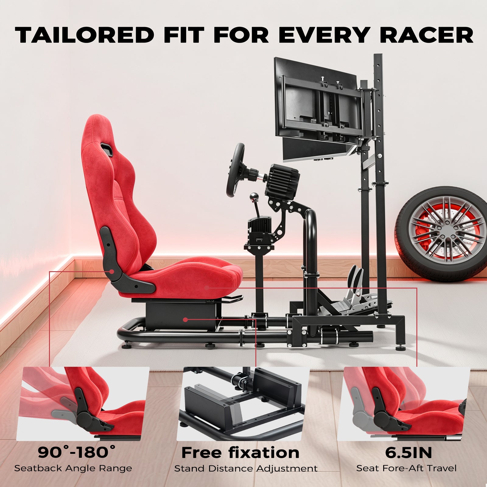 Minneer Racing Sim Cockpit with Triple Monitor Stand and Red Suede Seat, Wide Compatibility, Fit for Logitech,Thrustmaster, Fanatec G29 G923 T248, Not Include Steering Wheel,Pedals,Handbrake