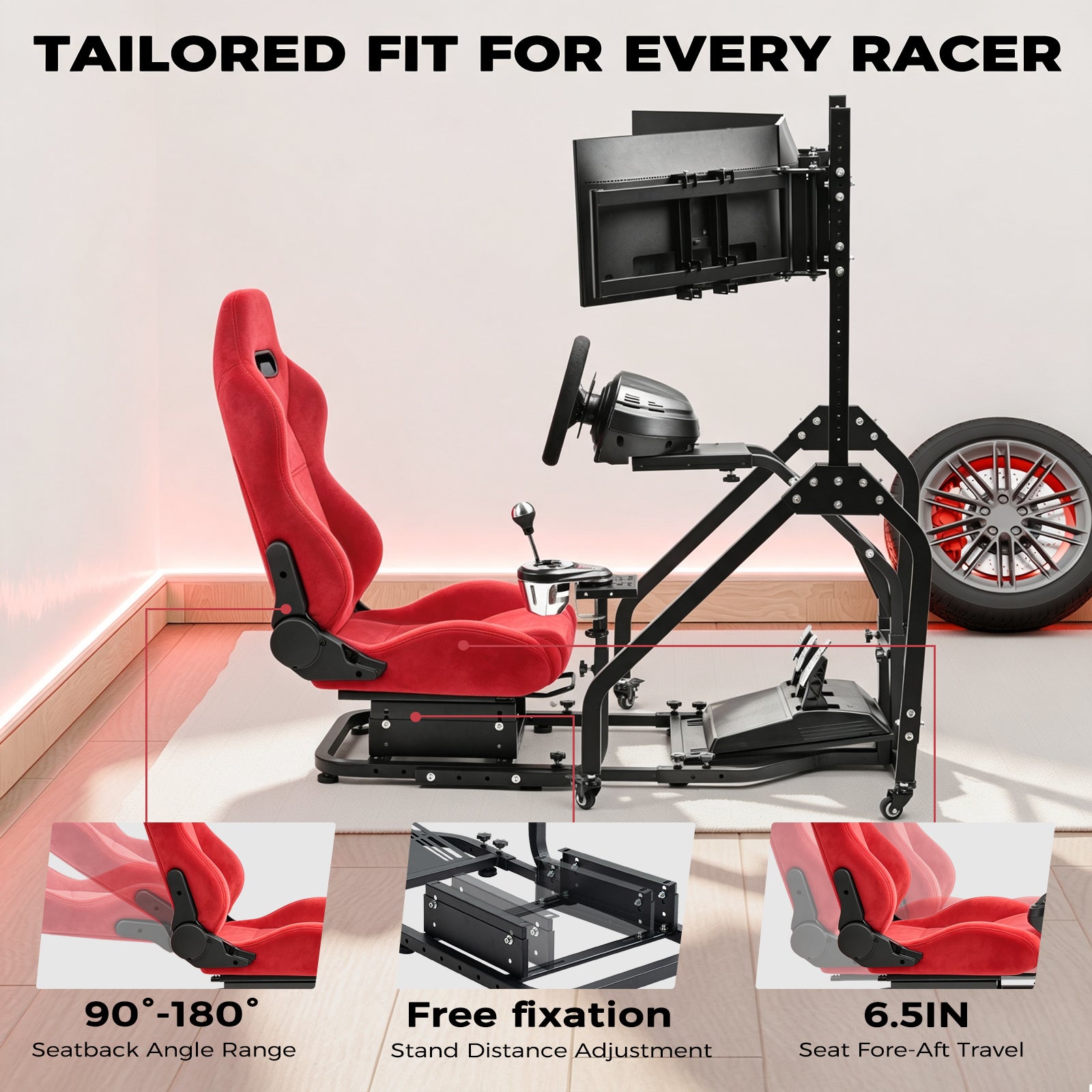 Minneer Steering Wheel Stand Racing Cockpit with Red Suede Seat Triple Monitor stand ,Unobstructed Design for Both Legs,Fit for Logitech/Thrustmaster G29,G920,G923,G25&T300RS,T80,T150 Adjustable, No Steering Wheel, Handbra