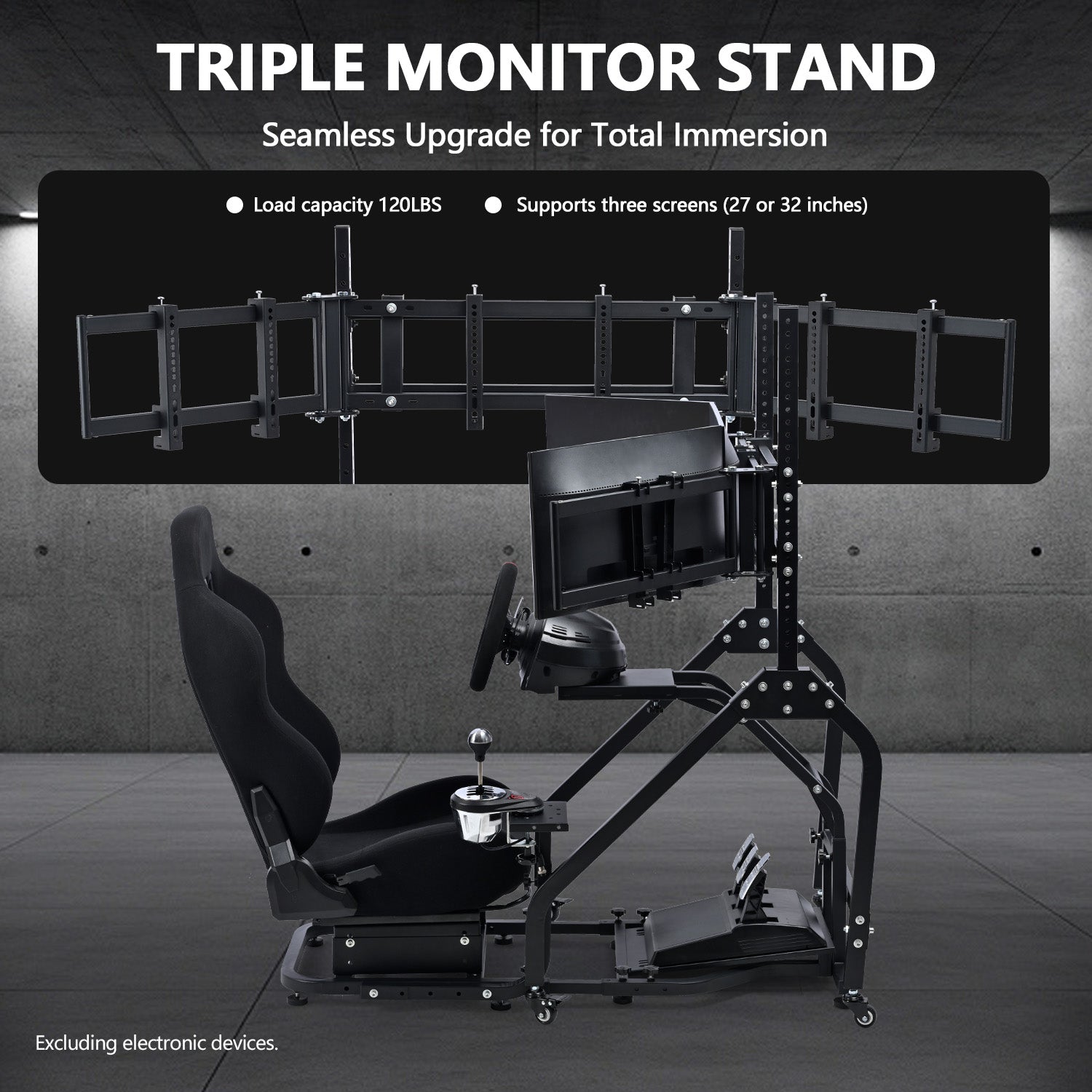 Minneer Steering Wheel Stand Racing Cockpit with Black Seat Triple Monitor stand ,Unobstructed Design for Both Legs,Fit for Logitech/Thrustmaster G29,G920,T300RS,T80, Adjustable, No Steering Wheel, Handbra