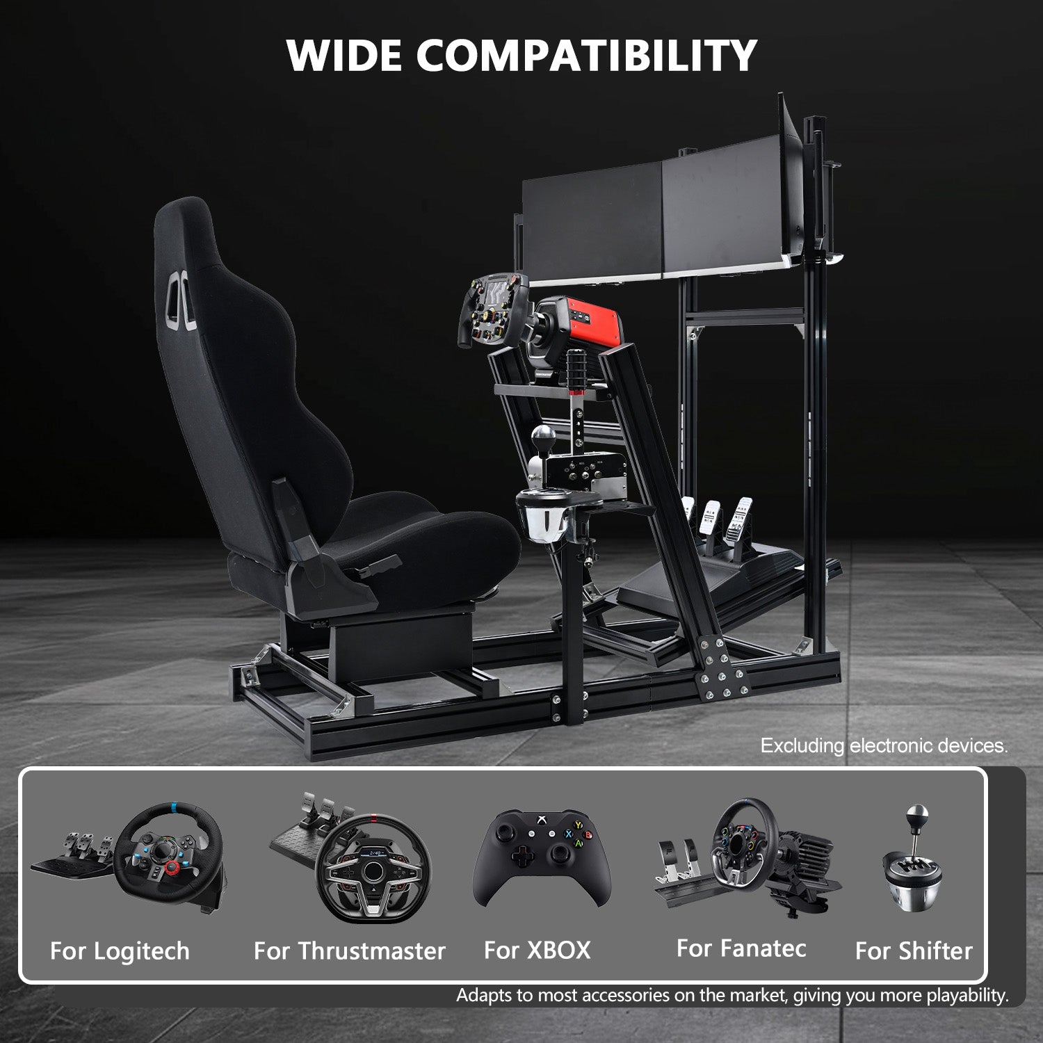 Minneer 4080 Aluminum Racing Simulator Cockpit with Black Seat and Triple Monitor Stand, Fully Adjustability, Fit for Logitech, Thrustmaster, Fanatec G29 G920 T248, Not Include Steering Wheel,Pedals,Handbrake,Monitor
