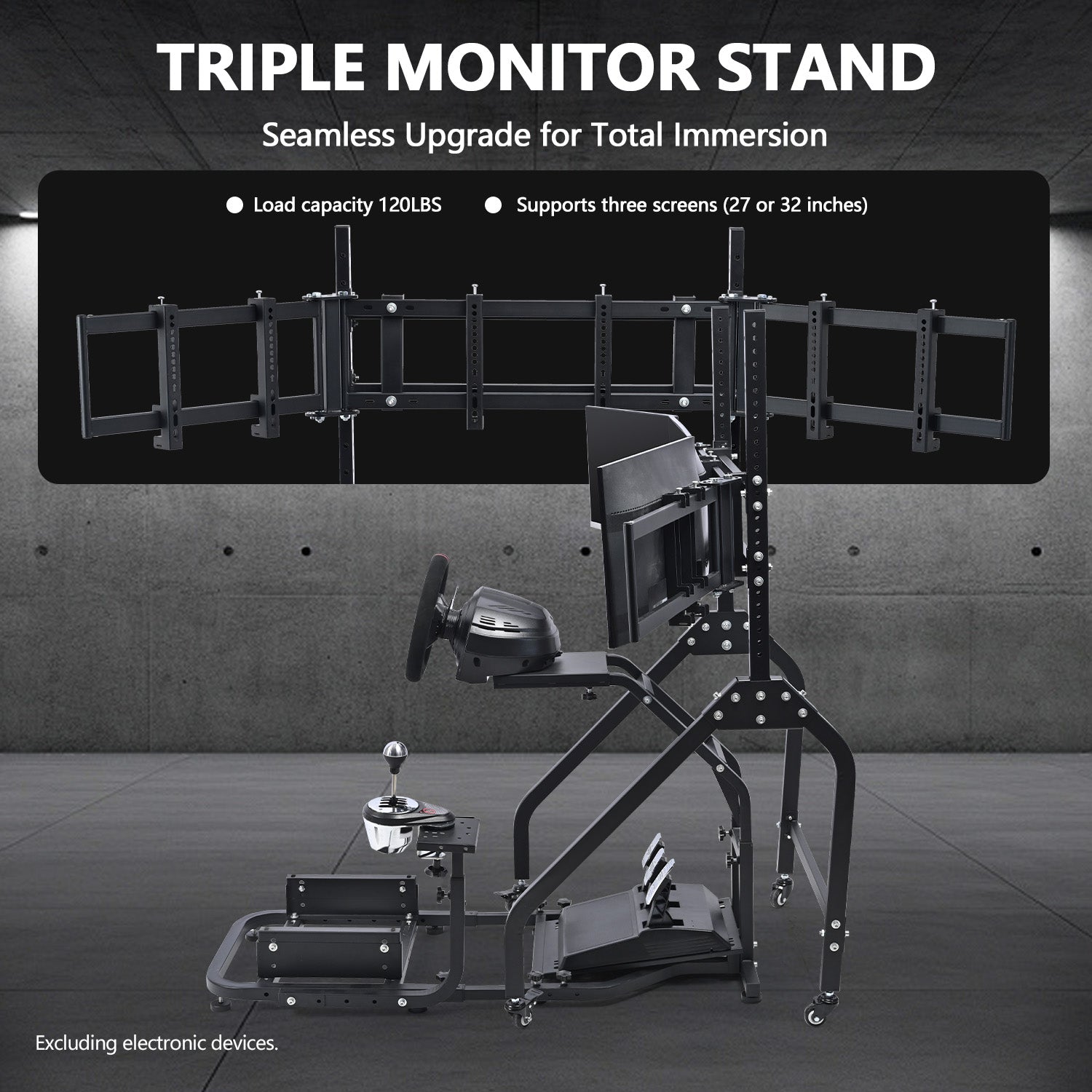 Minneer Steering Wheel Stand Racing Cockpit with Triple Monitor stand ,Unobstructed Design for Both Legs,Fit for Logitech/Thrustmaster G29,G920,G923,G25&T300RS,T80,T150 Adjustable, No Steering Wheel, Handbra
