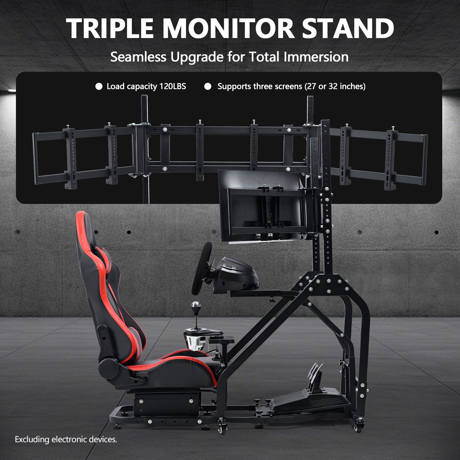 Minneer Steering Wheel Stand Racing Cockpit with Red Seat Triple Monitor stand ,Unobstructed Design for Both Legs,Fit for Logitech/Thrustmaster G29,G920,G923,G25&T300RS,T80,T150 Adjustable, No Steering Wheel, Handbra