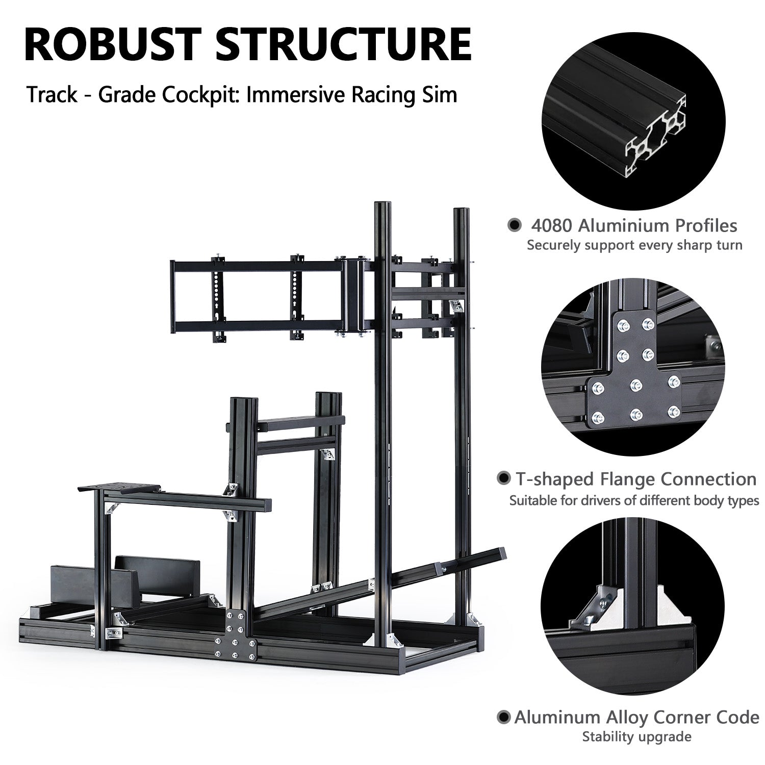 Minneer 4080 Aluminum Profile Racing Simulator Cockpit with Triple Monitor Mount, Unlimited Adjustment, Fit for Thrustmaster, Fanatec, Moza, Logitech G29 GPro, Not Include Steering Wheel,Pedals,Handbrake