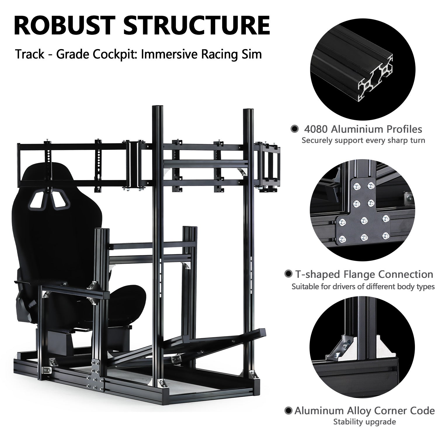 Minnee 4080 Aluminum Racing Simulator Cockpit with Black Seat and Triple Monitor stand, Fully Adjustability, Fit for Logitech, Thrustmaster, Fanatec G29 G920 T300, Not Include Steering Wheel,Pedals,Handbrake,Monitor