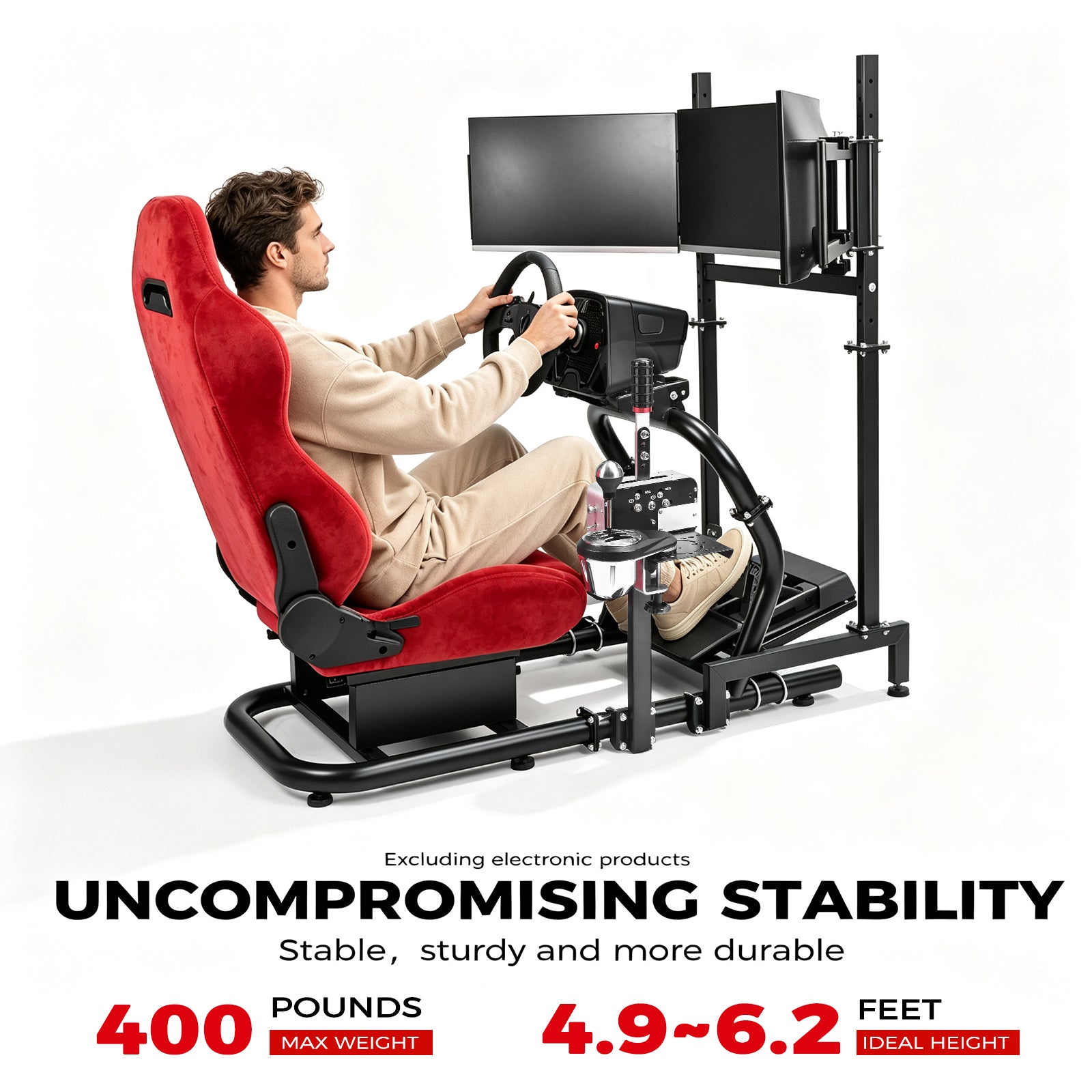 Minneer 50MM Adjustable Racing Cockpit with Red Suede Seat Triple Monitor stand Fit for Logitech G29 G920 G923, for Thrustmaster, for Fanatec Adjustable Racing Wheel Stand, Gaming Race Cockpit Without Steering Wheel Pedal Shifter