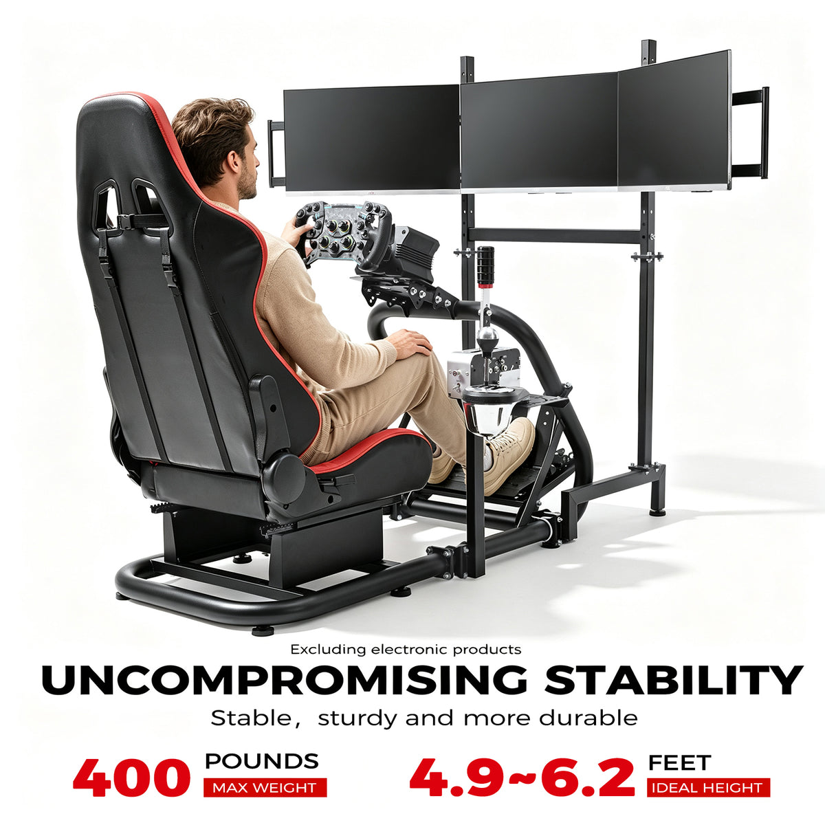 Minneer Racing Simulator Cockpit with Triple Monitor Stand and Red Seat Fit for Logitech/Thrustmaster/Fanatec T500RS TX G29 G920 G923 CSL-DD, Excludes steering wheel, pedals, monitor and gear shifter