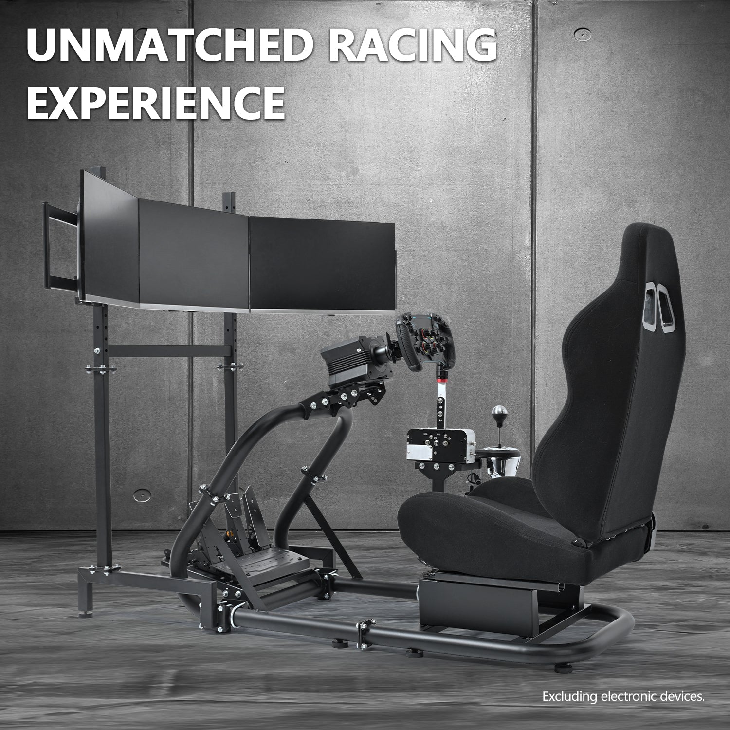 Minneer Racing Simulator Cockpit with triple monitor stand and black seat Compatible with Logitech/Thrustmaster/Fanatec G29 G920 G923 T300RS CSL-DD, excludes steering wheel, pedals, monitor and gear shifter