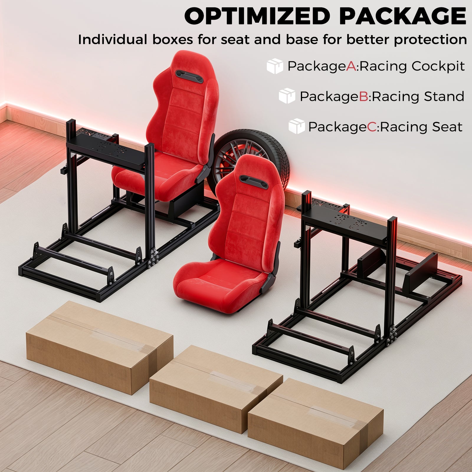 Minneer 3060&3030 Aluminium Racing Simulator Cockpit, fit for Fanatec, for Logitech, for Thrustmaster, Racing Stand with Red Suede Seat, Steering Wheel and Pedals Not Include