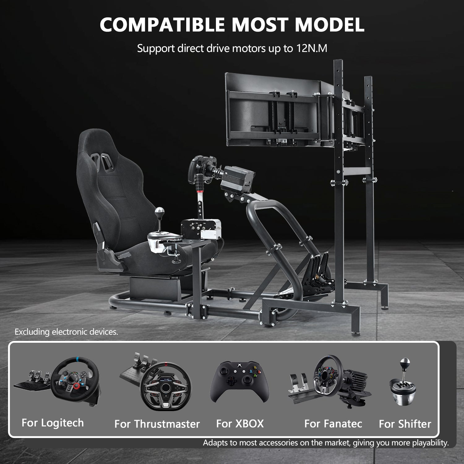 Minneer Racing Simulator Cockpit with triple monitor stand and black seat Compatible with Logitech/Thrustmaster/Fanatec G29 G920 G923 T300RS CSL-DD, excludes steering wheel, pedals, monitor and gear shifter