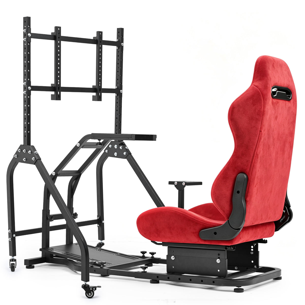 Minneer Adjustable Racing Simulator Cockpit with Red Suede Seats and Movable Monitor Stand, Fit for Logitech G Pro, for Thrustmaster T818, for Fanatec CSLDD, Electronics not included