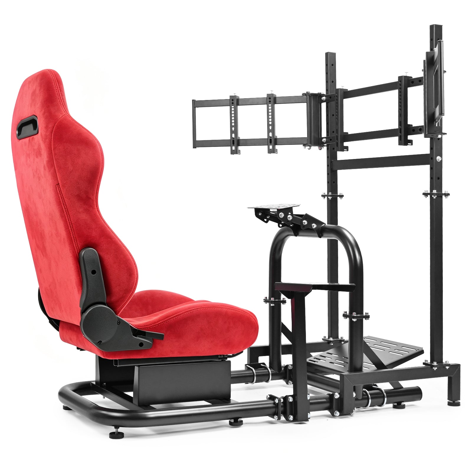 Minneer Racing Sim Cockpit with Triple Monitor Stand and Red Suede Seat, Wide Compatibility, Fit for Logitech,Thrustmaster, Fanatec G29 G923 T248, Not Include Steering Wheel,Pedals,Handbrake