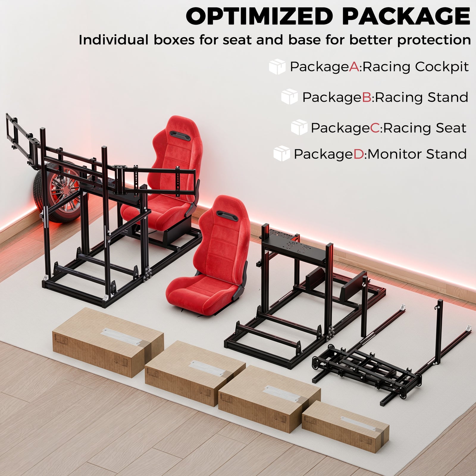 Minneer 3060&3030 Aluminium Racing Simulator Cockpit with Red Suede Seat, fit for Fanatec, for Logitech, for Thrustmaster, Racing Stand with Triple TV Mount, Steering Wheel and Pedals Not Include
