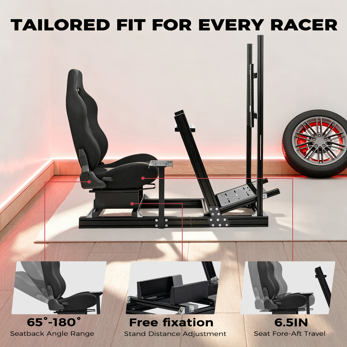 Minneer 4080 Aluminum Profile Racing Simulator Cockpit with Red Seat and Monitor Stand, Fully Adjustability, Fit for Logitech G920 & G923, Xbox, Thrustmaster T300Rs, Sim Frame 8040, without Steering Wheel, Pedals, Handbrak and Monitor