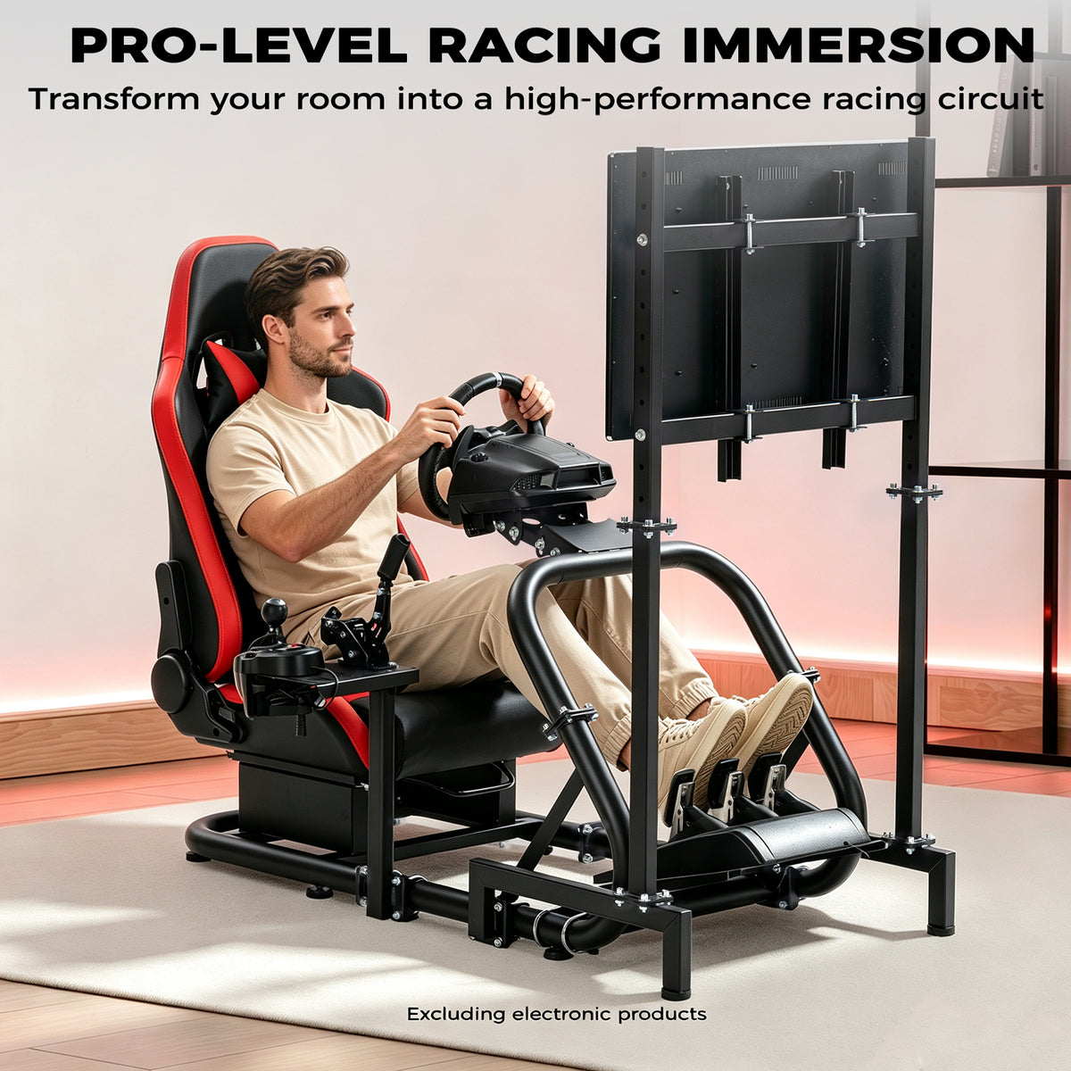 Minneer Immersive Racing Simulator Cockpit with Red Seat and TV Stand, Upgrade&Adjustable, Fit for Logitech/Fanatec/Thrustmaster G29 T248 T300, Steering Wheel Stand Not Included Wheel,Pedal & Handbrake