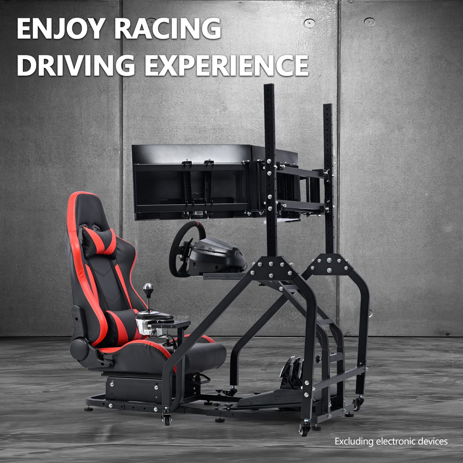 Minneer Steering Wheel Stand Racing Cockpit with Red Seat Triple Monitor stand ,Unobstructed Design for Both Legs,Fit for Logitech/Thrustmaster G29,G920,G923,G25&T300RS,T80,T150 Adjustable, No Steering Wheel, Handbra