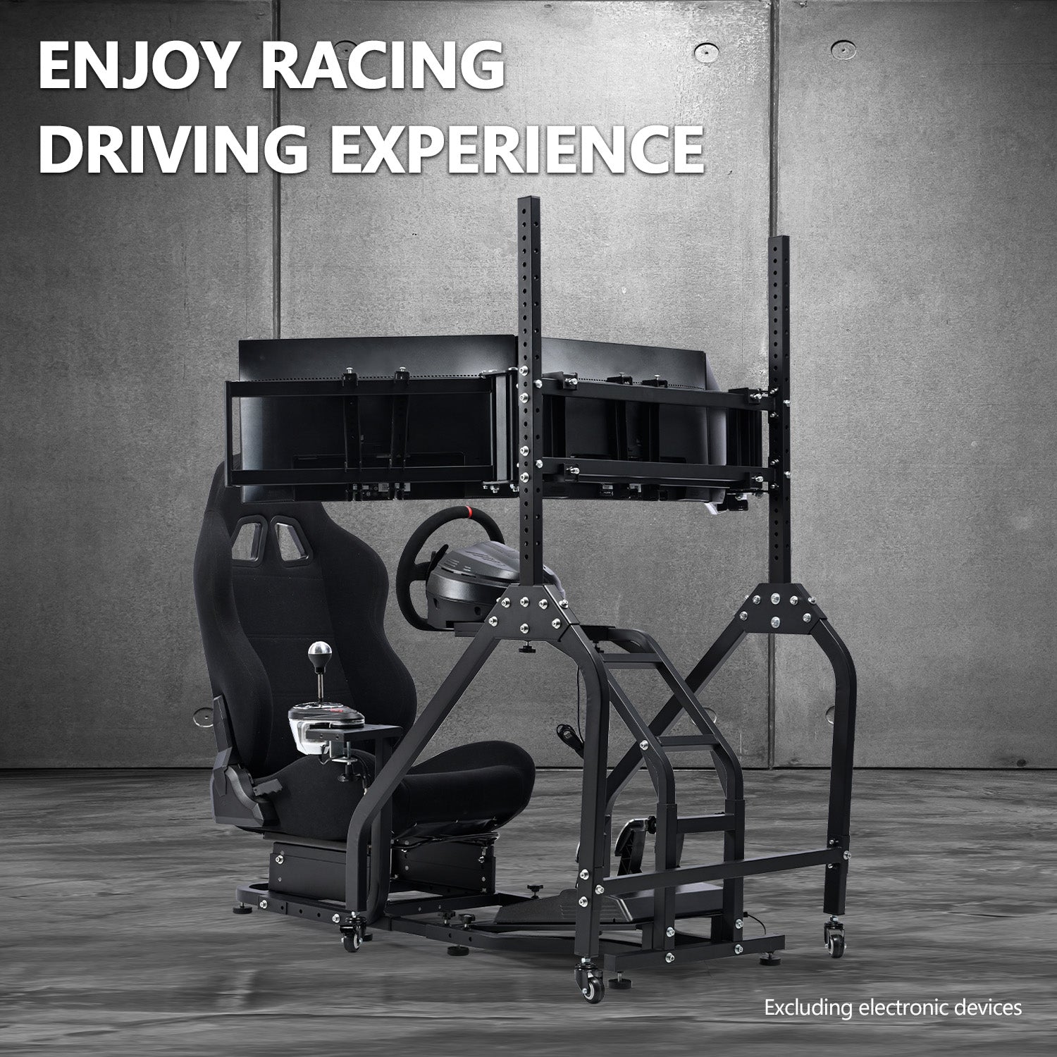 Minneer Steering Wheel Stand Racing Cockpit with Black Seat Triple Monitor stand ,Unobstructed Design for Both Legs,Fit for Logitech/Thrustmaster G29,G920,T300RS,T80, Adjustable, No Steering Wheel, Handbra