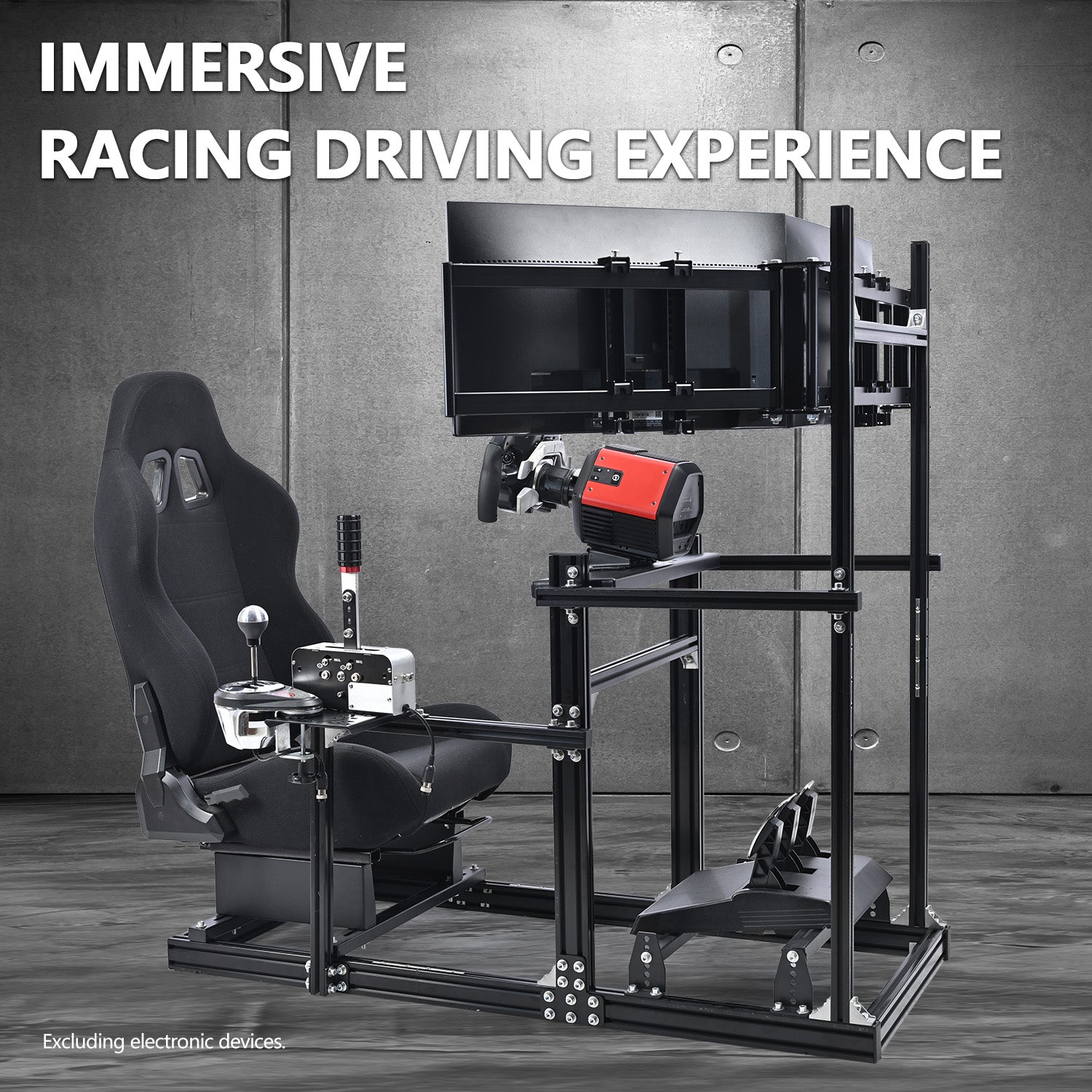 Minneer 3060 Aluminum Profiles Racing Simulator Cockpit with Black Seat and Triple Monitor Stand , Fully Adjustable, Fit for Logitech G29 G923, Steering Wheel, Pedals, and Hand Brake Not Included
