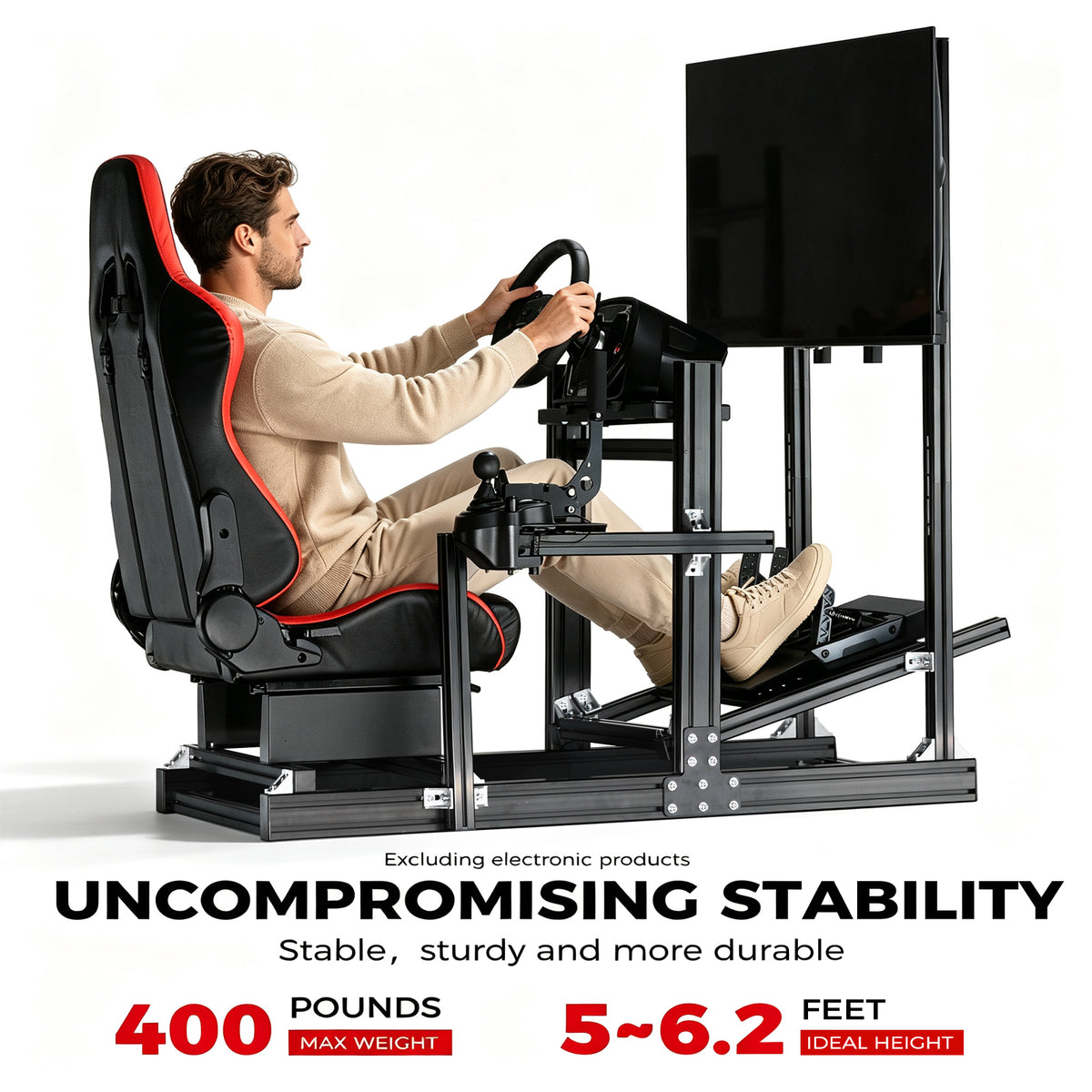 Minneer 4080 Aluminium Profile Racing Sim Cockpit with Red Seat and Monitor Stand, Fully Adjustability, Fit for Logitech,Thrustmaster, Fanatec G29 G923 T248, Not Include Steering Wheel,Pedals,Handbrake