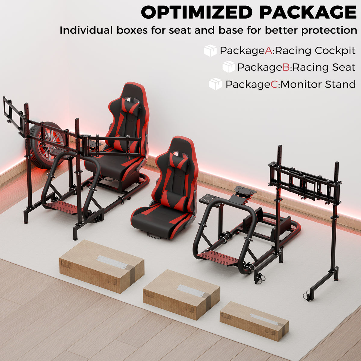 Minneer Racing Simulator Cockpit with Triple Monitor Stand and Red Seat Fit for Logitech/Thrustmaster/Fanatec T500RS TX G29 G920 G923 CSL-DD, Excludes steering wheel, pedals, monitor and gear shifter
