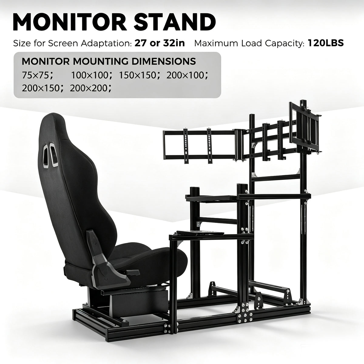 Minneer 3060 Aluminum Profiles Racing Simulator Cockpit with Black Seat and Triple Monitor Stand , Fully Adjustable, Fit for Logitech G29 G923, Steering Wheel, Pedals, and Hand Brake Not Included