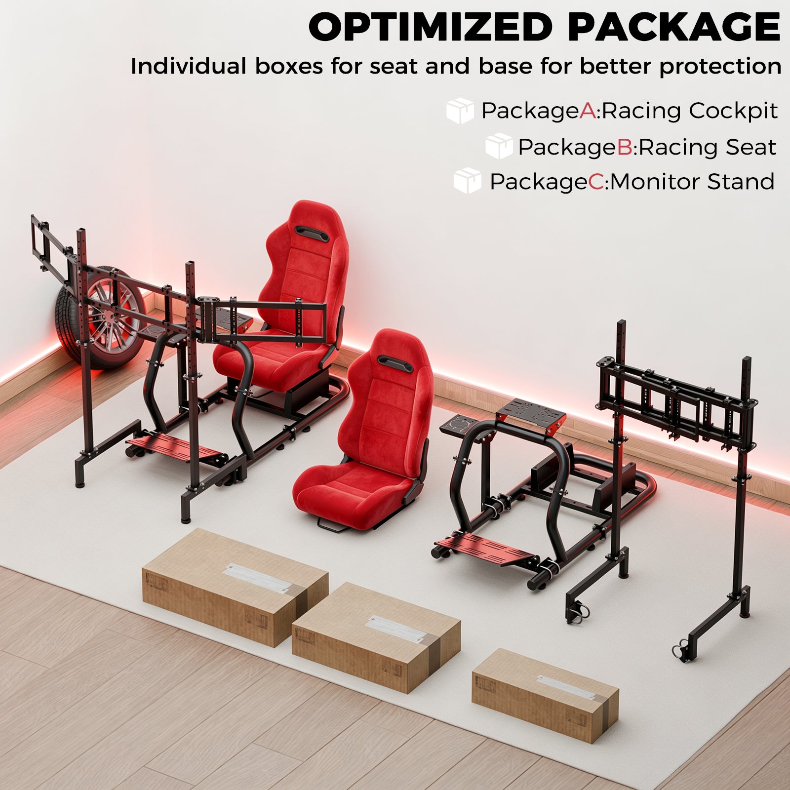 Minneer 50MM Adjustable Racing Cockpit with Red Suede Seat Triple Monitor stand Fit for Logitech G29 G920 G923, for Thrustmaster, for Fanatec Adjustable Racing Wheel Stand, Gaming Race Cockpit Without Steering Wheel Pedal Shifter