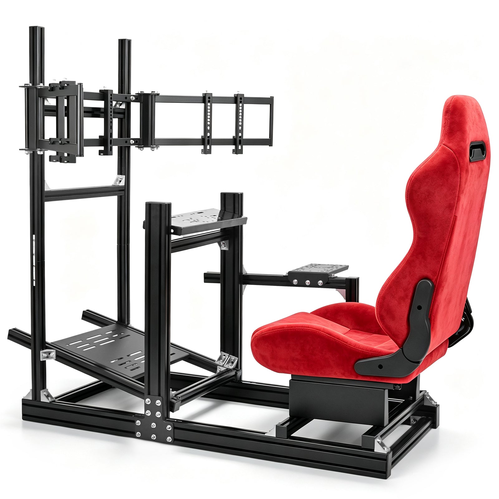 Minneer 4080 Aluminium Profile Racing Sim Cockpit with Red Suede Seat and Triple Monitor Stand, Fully Adjustability, Fit for Logitech,Thrustmaster, Fanatec G29 G923 T248, Not Include Steering Wheel,Pedals,Handbrake