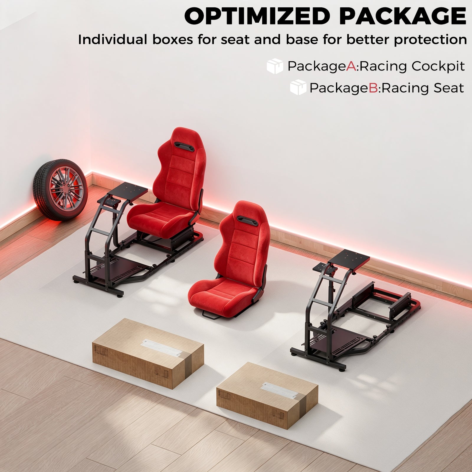 Minneer Driving Sim Cockpit with Red Suede Seat Unobstructed Design for Both Legs Fit for Logitech/Thrustmaster G29,G920,G923,G25&T300RS,T80,T150 Adjustable No Steering Wheel, Handbrake, Pedals