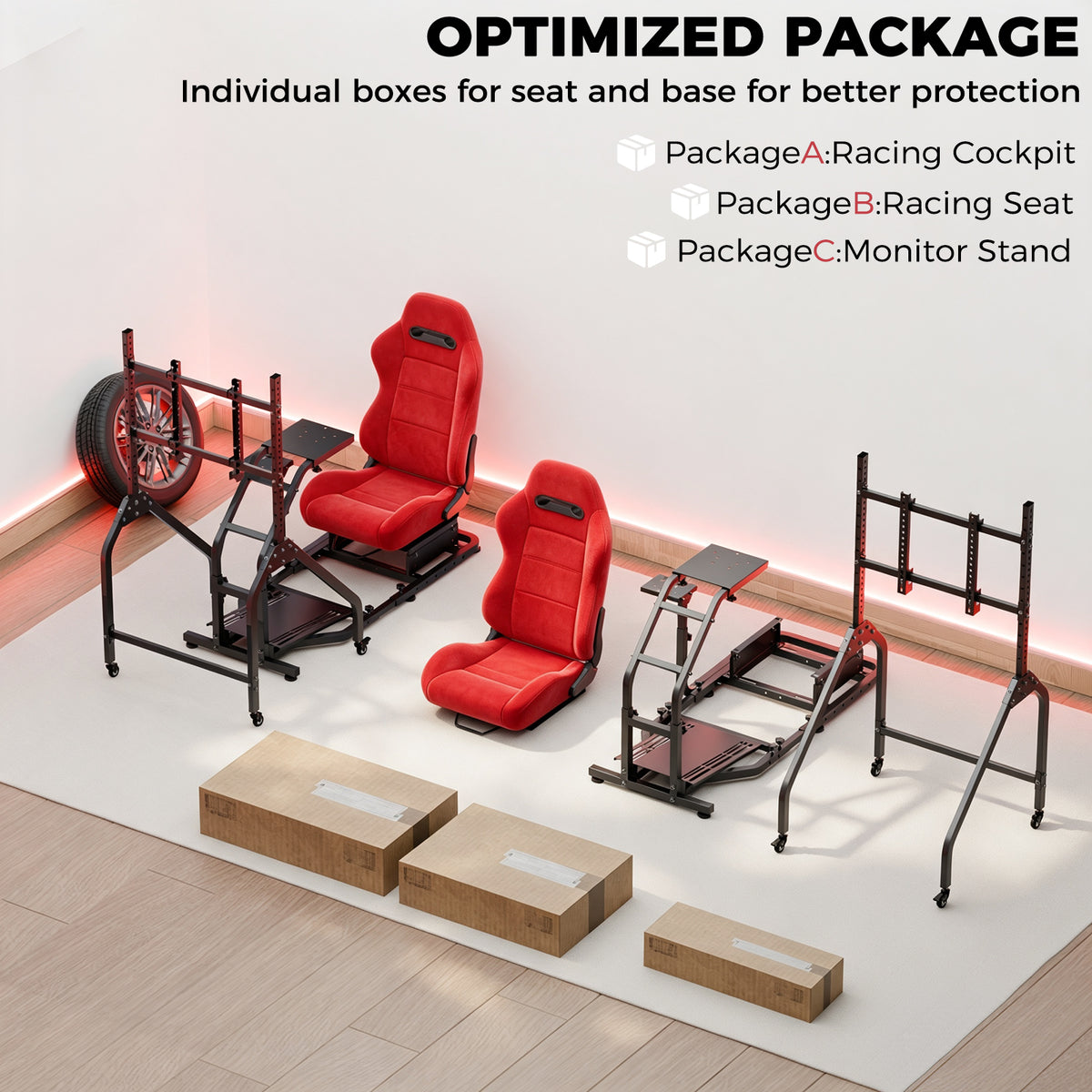 Minneer Adjustable Racing Simulator Cockpit with Red Suede Seats and Movable Monitor Stand, Fit for Logitech G Pro, for Thrustmaster T818, for Fanatec CSLDD, Electronics not included