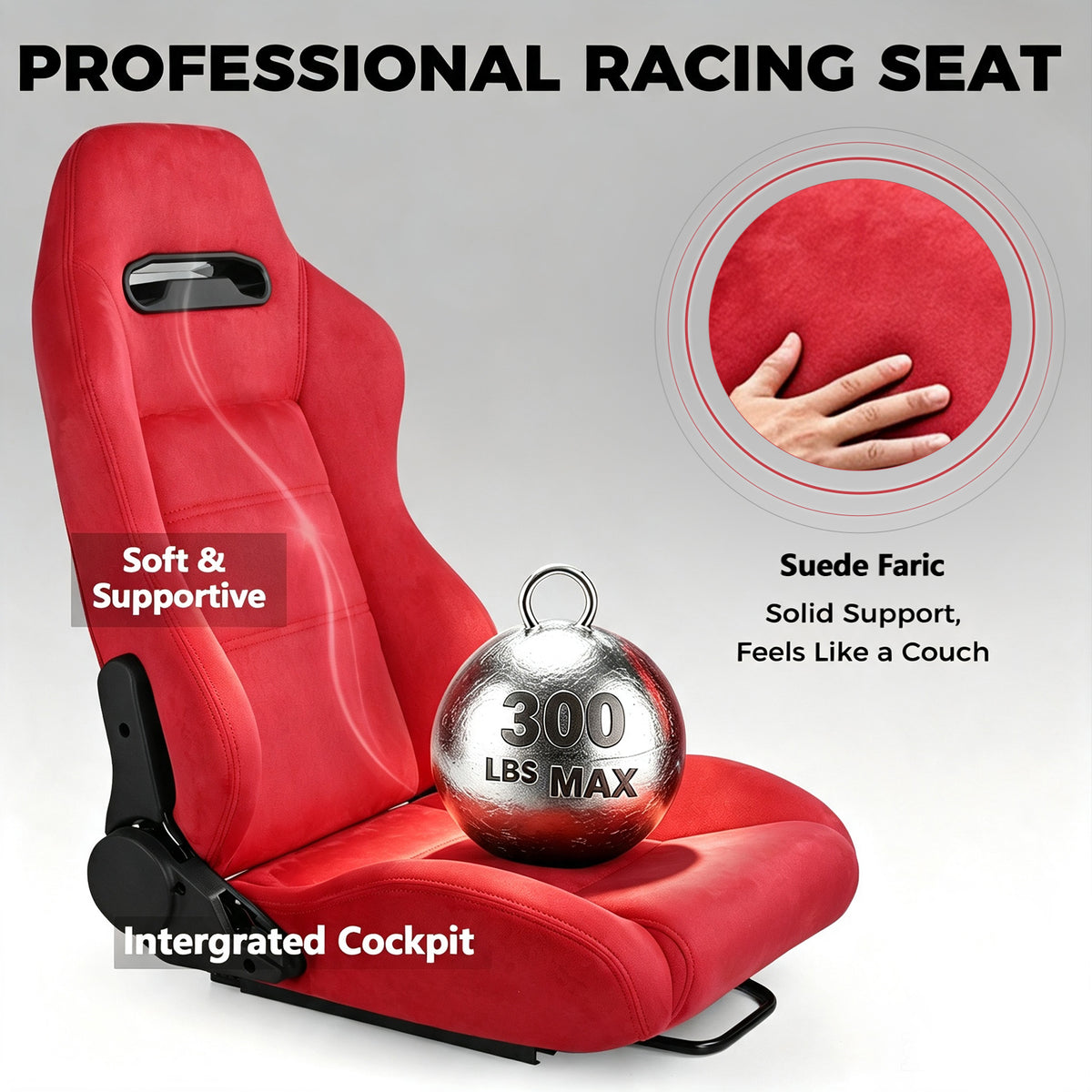 Minneer Adjustable Racing Simulator Cockpit with Red Suede Seats and Movable Monitor Stand, Fit for Logitech G Pro, for Thrustmaster T818, for Fanatec CSLDD, Electronics not included