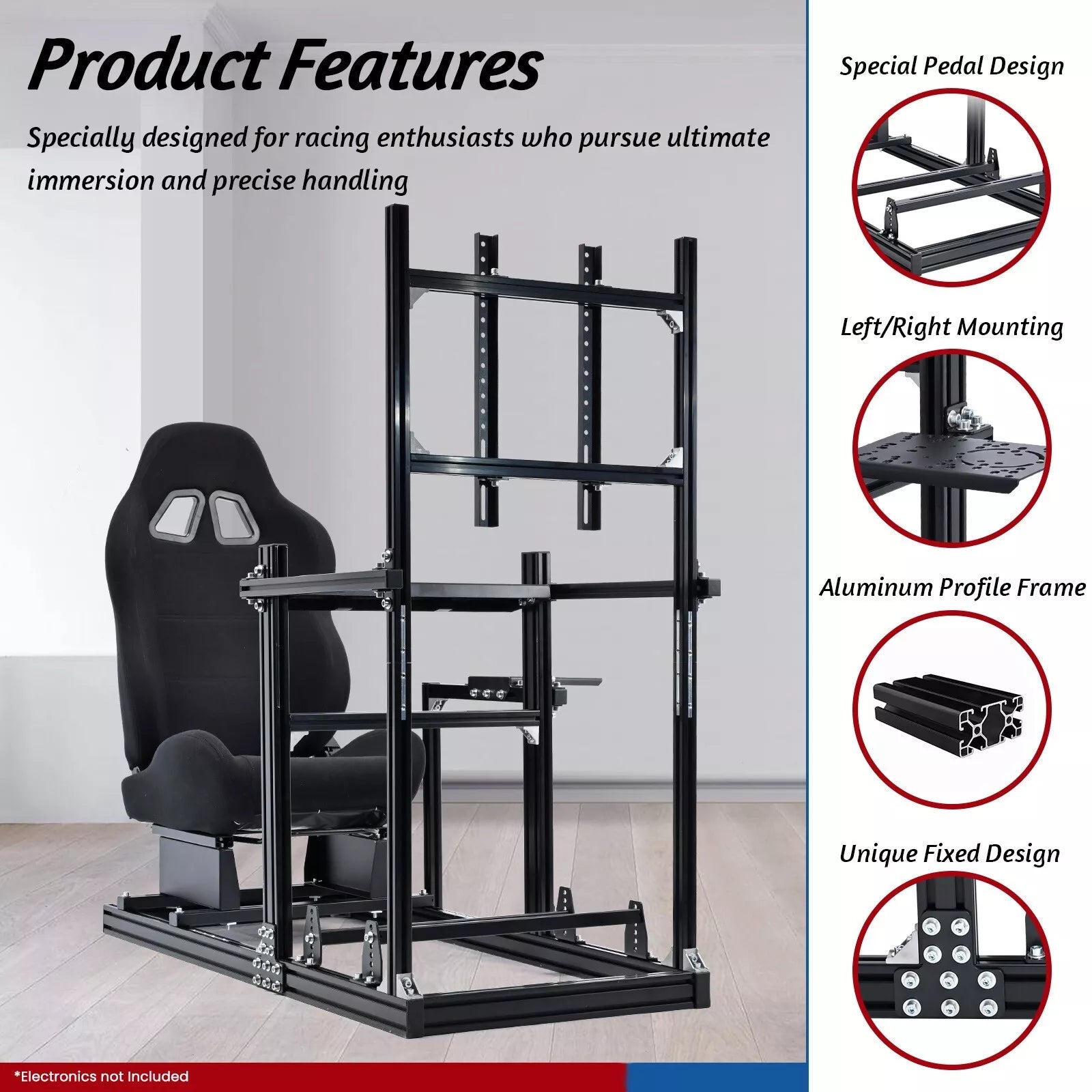 Minneer Racing Simulator Cockpit with Black Seat & TV Stand Fit Logitech