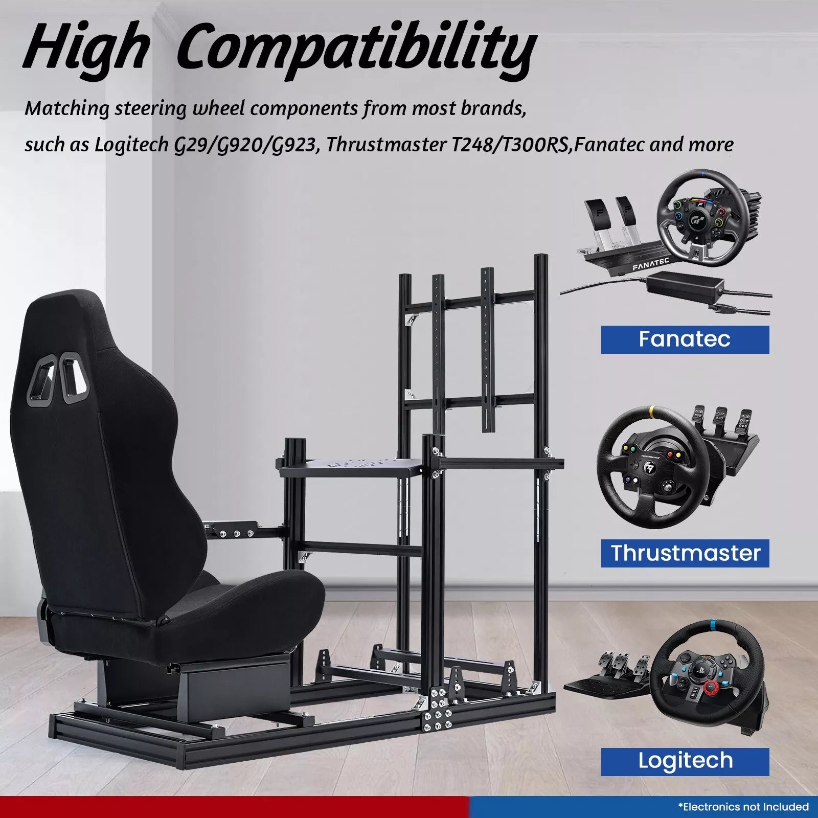 Minneer Racing Simulator Cockpit with Black Seat & TV Stand Fit Logitech