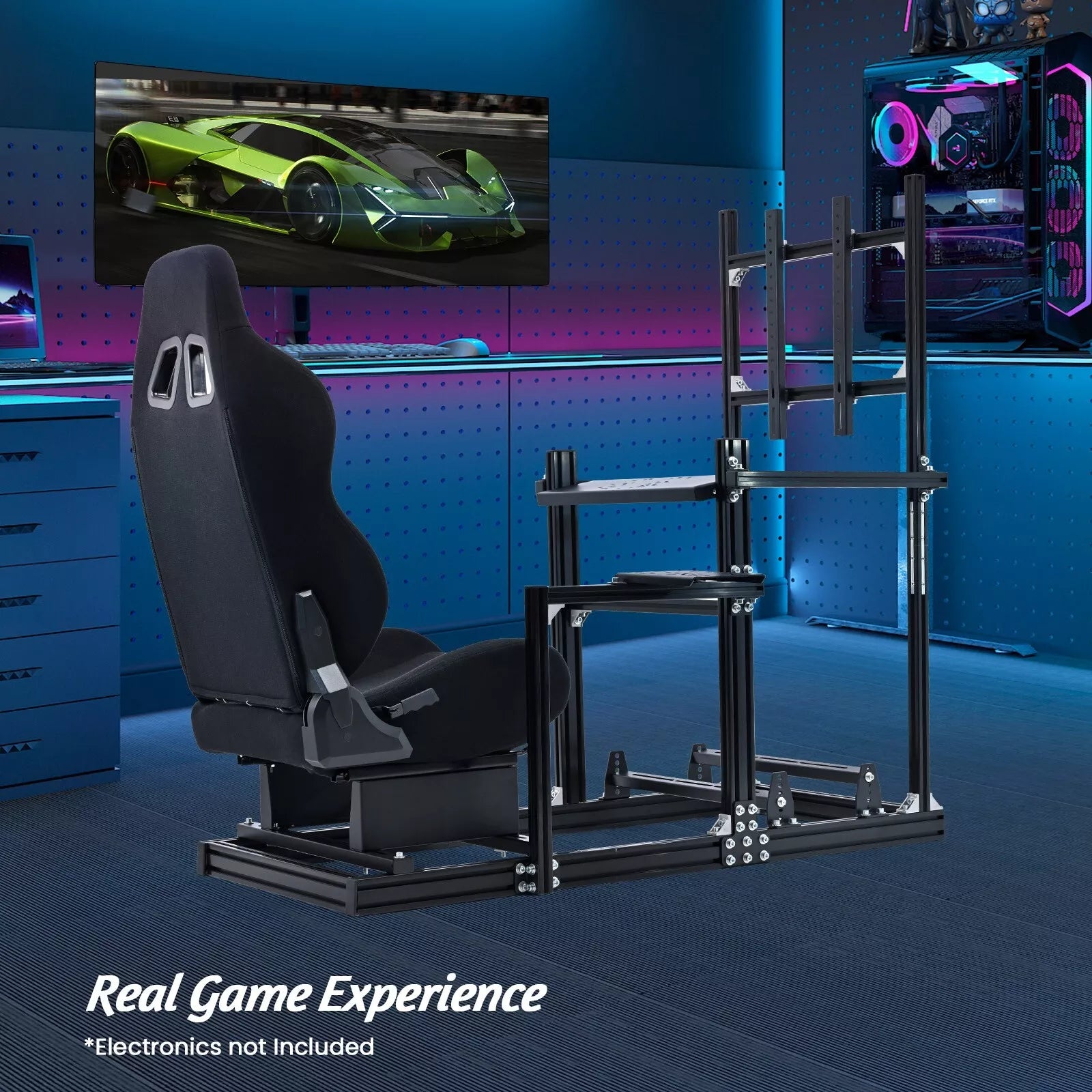 Minneer Racing Simulator Cockpit with Black Seat & TV Stand Fit Logitech