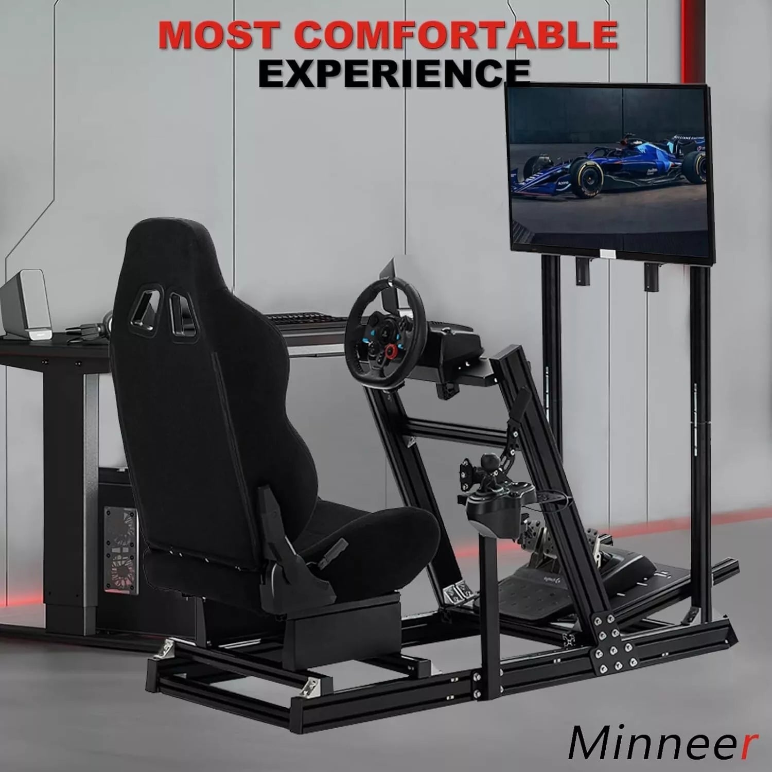Minneer F1 Professional Racing Simulator Cockpit with TV Stand Fit Logitech