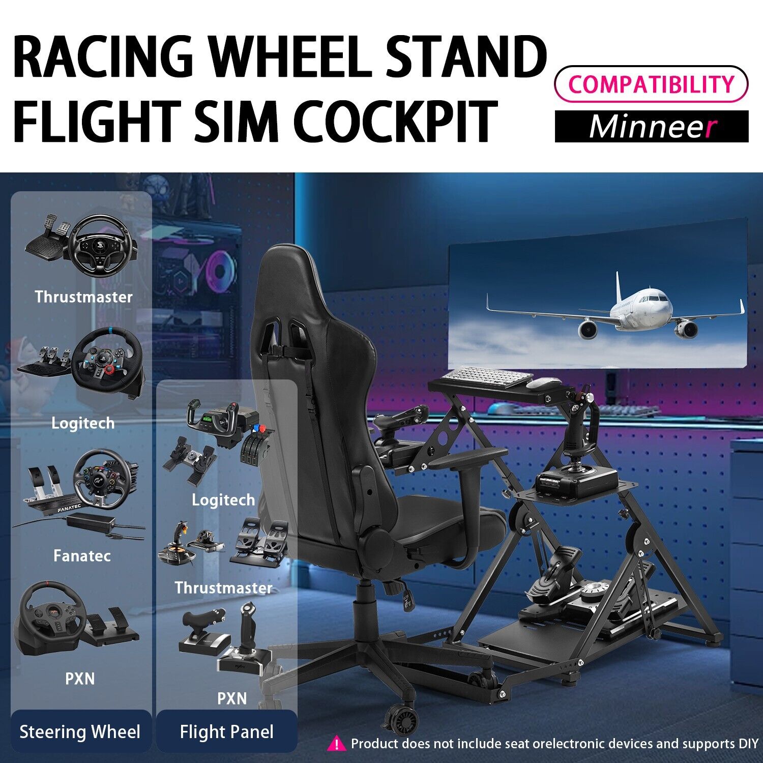 Minneer Foldable Flight Racing Wheel Stand with Seat Slot Fit Logitech X52 Thrustmaster