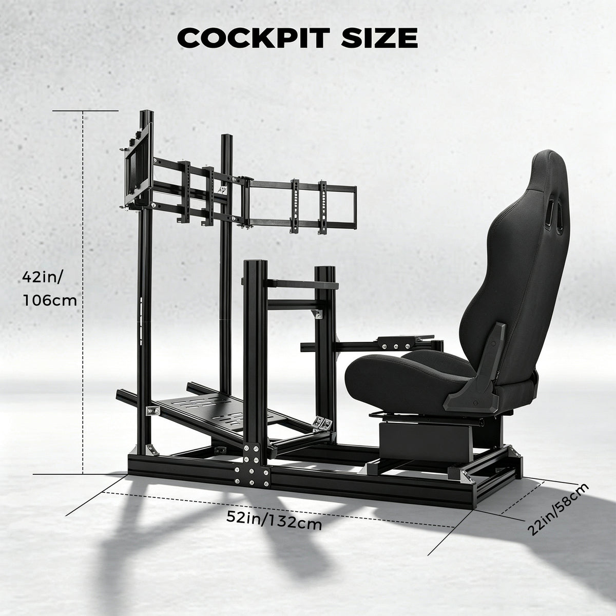 Minnee 4080 Aluminum Racing Simulator Cockpit with Black Seat and Triple Monitor stand, Fully Adjustability, Fit for Logitech, Thrustmaster, Fanatec G29 G920 T300, Not Include Steering Wheel,Pedals,Handbrake,Monitor