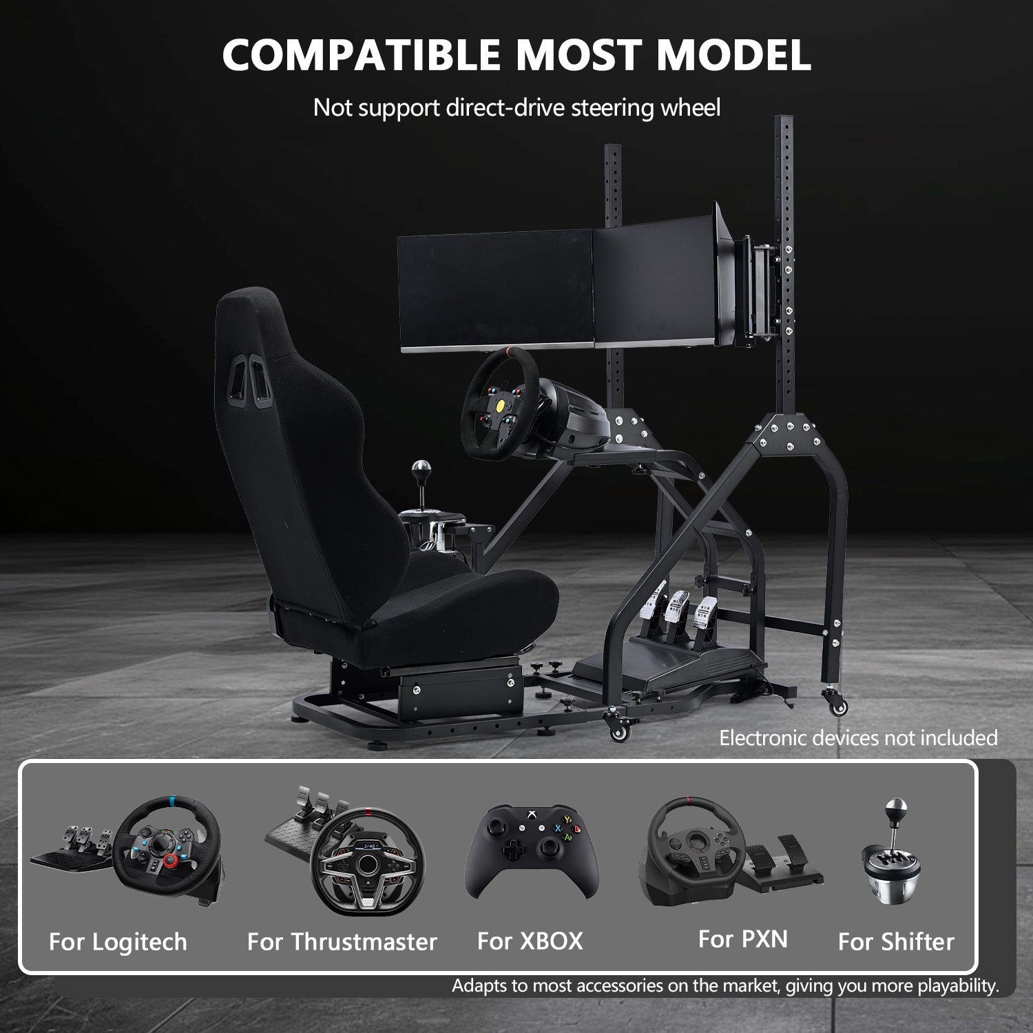 Minneer Steering Wheel Stand Racing Cockpit with Black Seat Triple Monitor stand ,Unobstructed Design for Both Legs,Fit for Logitech/Thrustmaster G29,G920,T300RS,T80, Adjustable, No Steering Wheel, Handbra