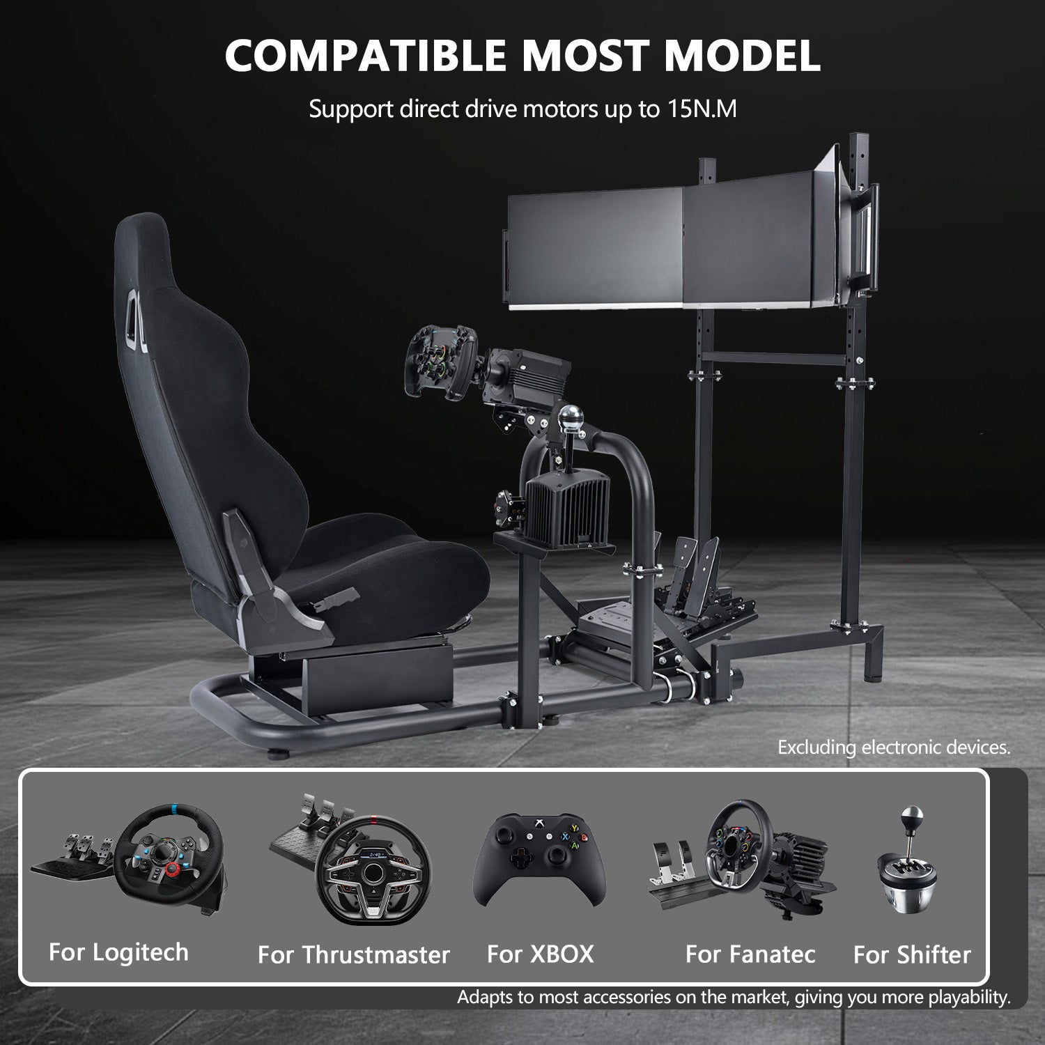 Minneer Racing Sim Cockpit with Triple Monitor Stand and Black Seat, Wide Compatibility, Fit for Logitech,Thrustmaster, Fanatec G29 G923 T248, Not Include Steering Wheel,Pedals,Handbrake