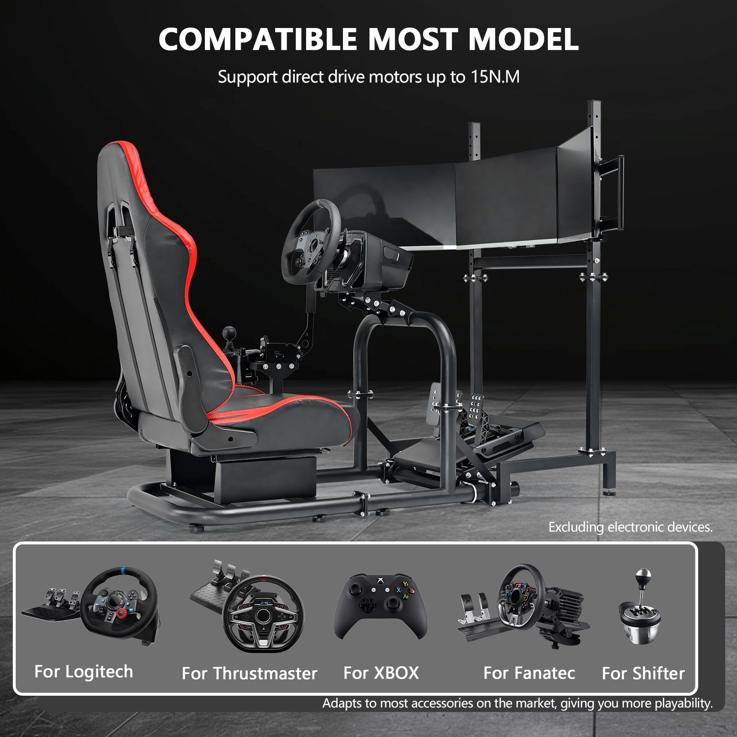 Minneer Racing Sim Cockpit with Triple Monitor Stand and Red Seat, Wide Compatibility, Fit for Logitech,Thrustmaster, Fanatec G29 G923 T248, Not Include Steering Wheel,Pedals,Handbrake